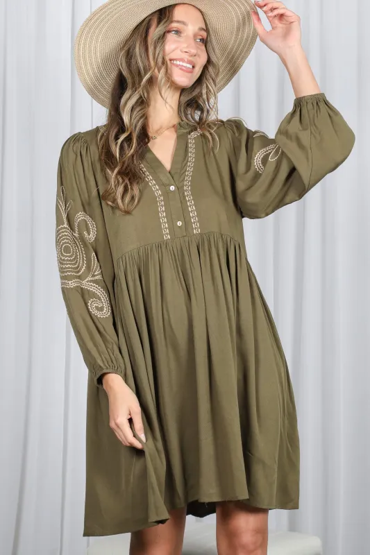 Olive Embroidered V-Neck Long Sleeve Dress sold by Pinkblush