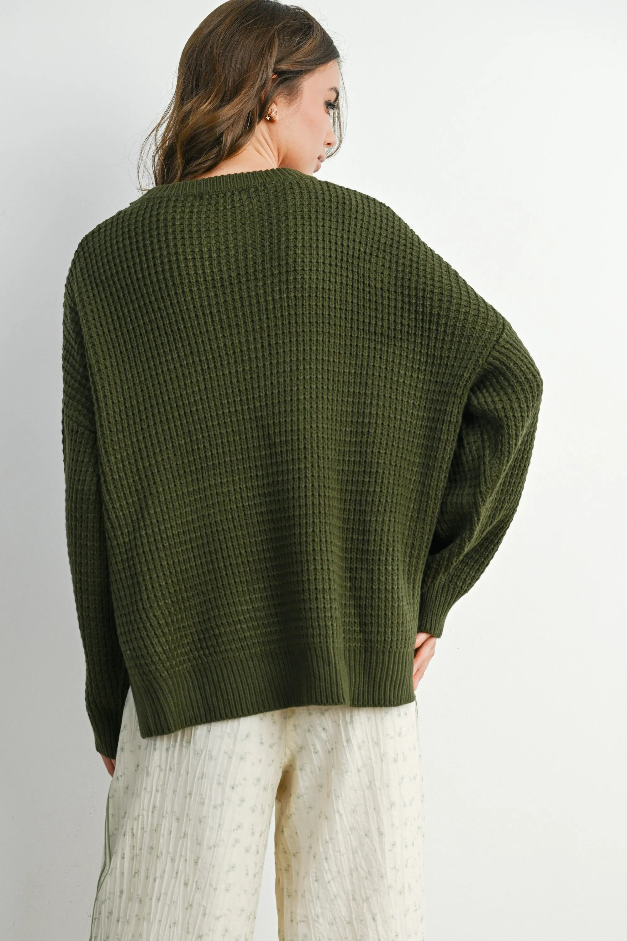 Olive Waffle Knit Side Slit Sweater sold by Pinkblush product image thumbnail 3