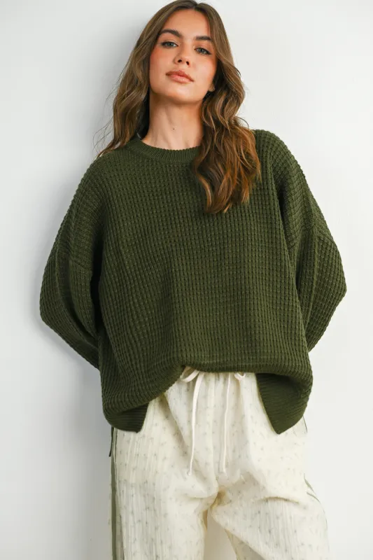 Olive Waffle Knit Side Slit Sweater sold by Pinkblush