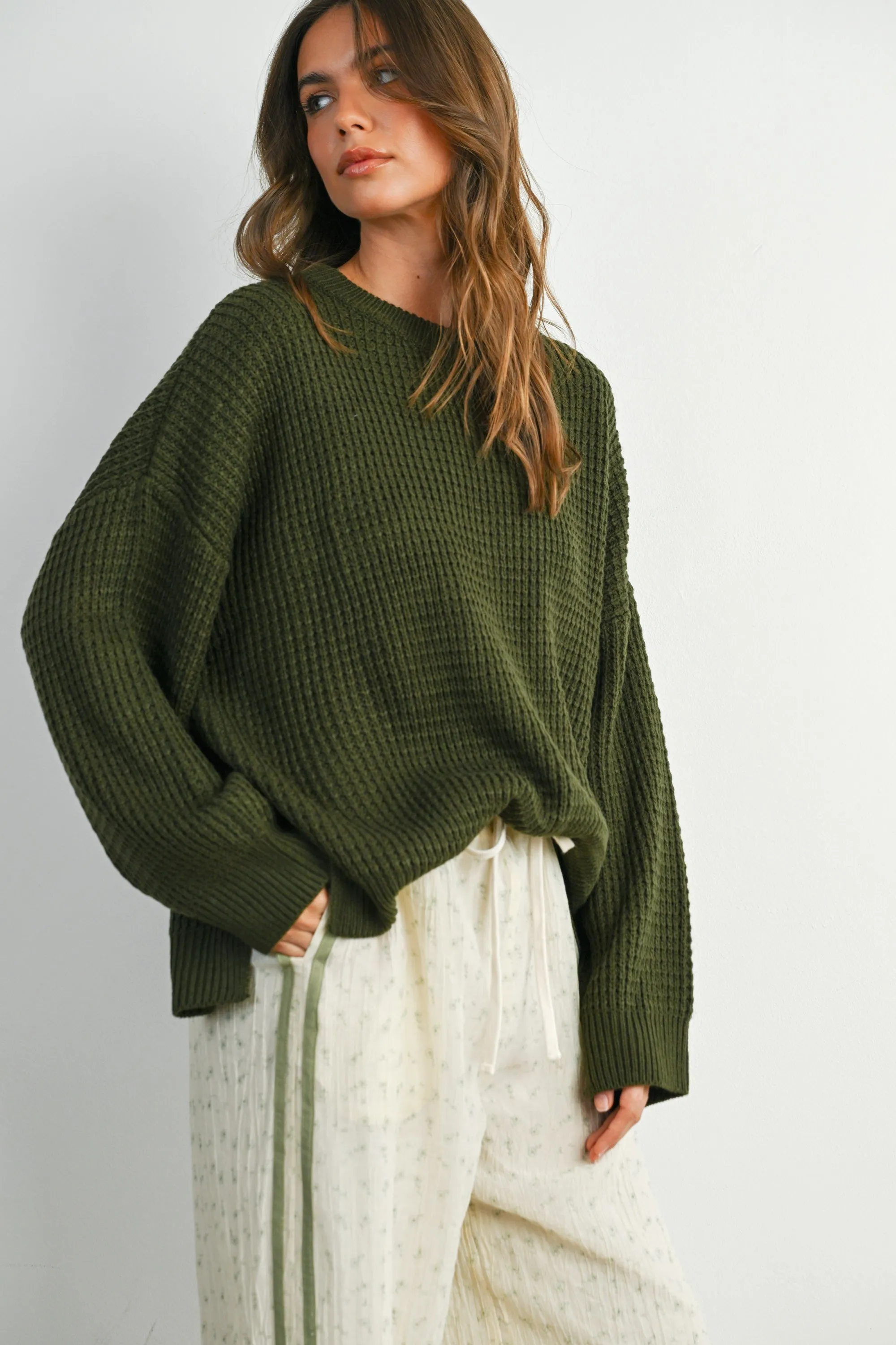 Olive Waffle Knit Side Slit Sweater sold by Pinkblush product image thumbnail 2