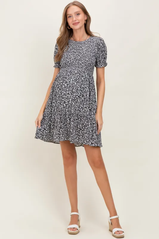 Black Floral Puff Sleeve Smocked Maternity Dress sold by Pinkblush