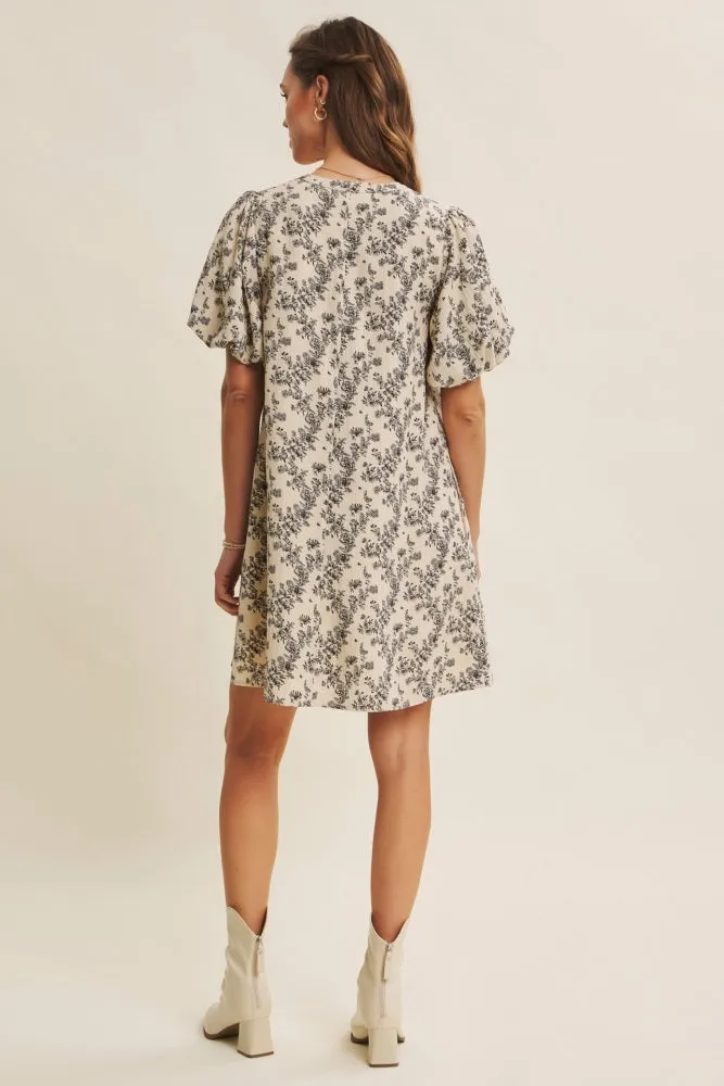 Cream Textured Floral Bubble Sleeve A-Line Mini Dress sold by Pinkblush product image thumbnail 3