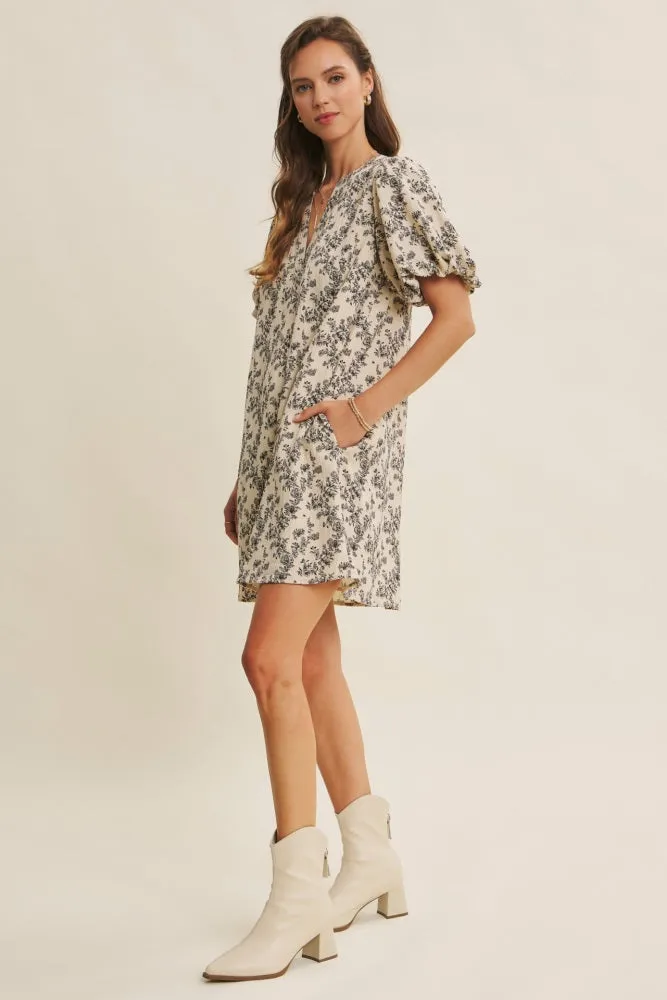 Cream Textured Floral Bubble Sleeve A-Line Mini Dress sold by Pinkblush product image thumbnail 2