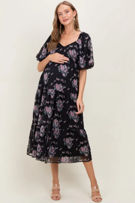 Black Floral Striped Puff Sleeve Maternity Midi Dress sold by Pinkblush