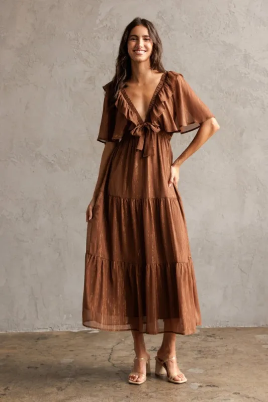 Brown Metallic Chiffon Ruffle V-Neck Midi Dress sold by Pinkblush