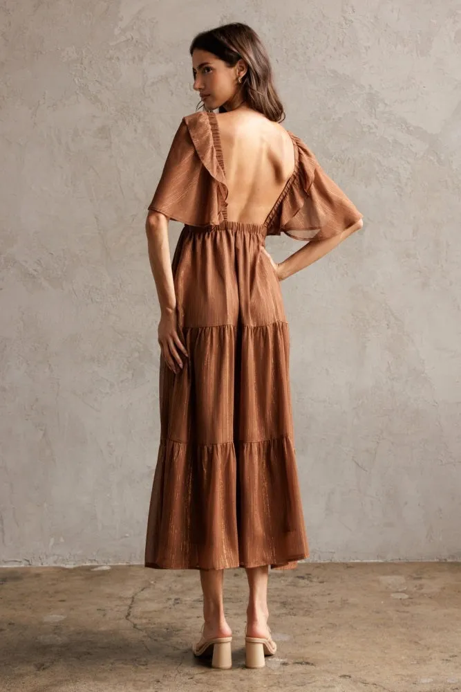 Brown Metallic Chiffon Ruffle V-Neck Midi Dress sold by Pinkblush product image thumbnail 4