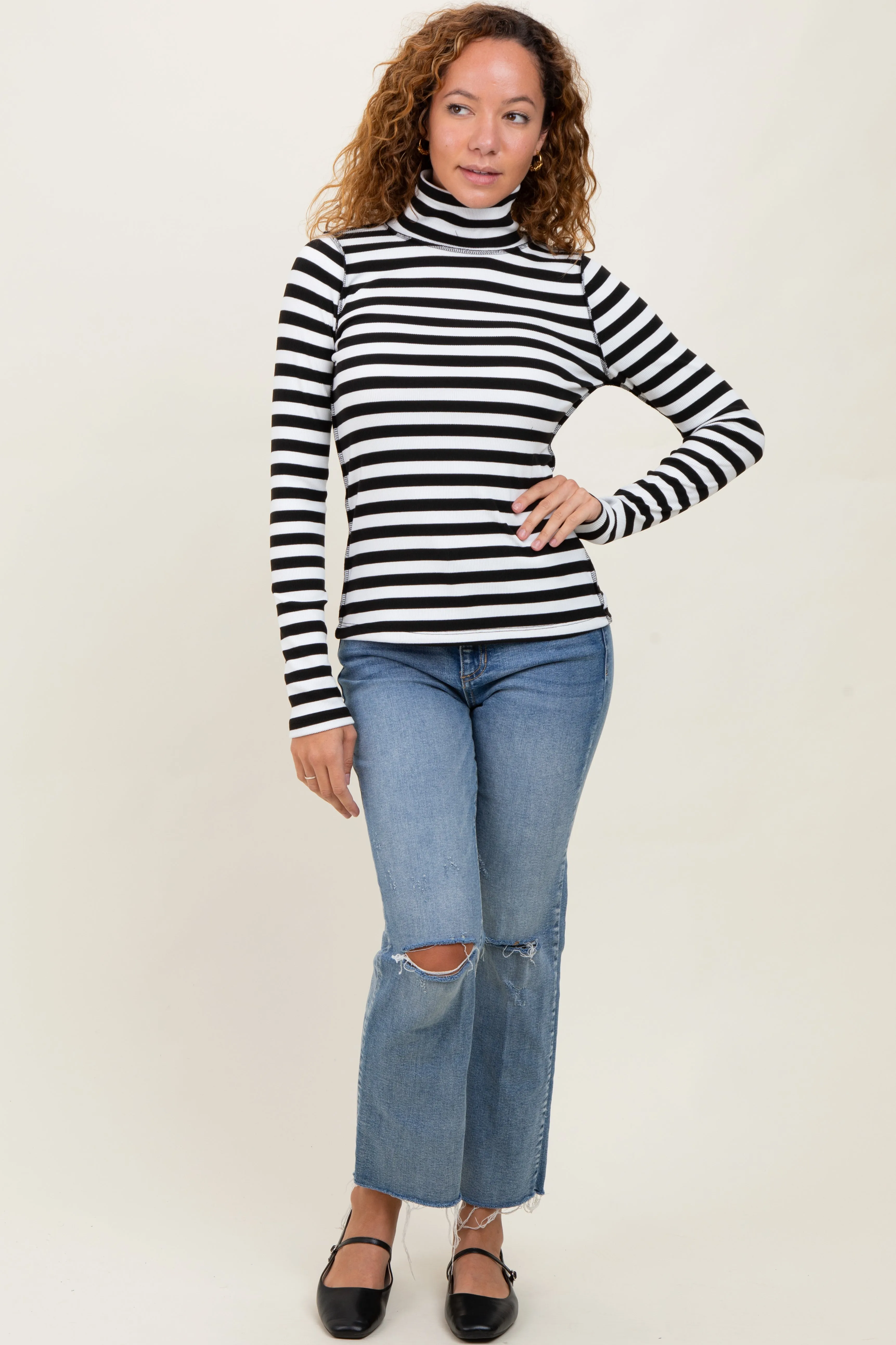 Black Striped Turtleneck Long Sleeve Top sold by Pinkblush product image thumbnail 2