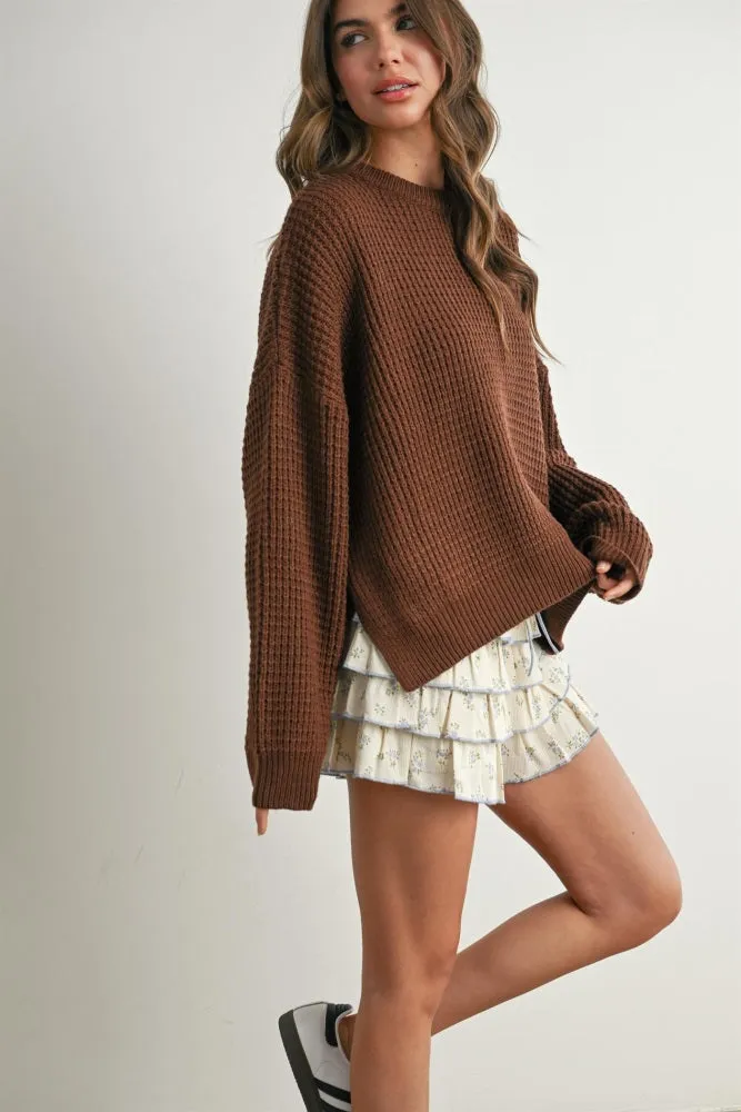 Brown Waffle Knit Side Slit Sweater sold by Pinkblush product image thumbnail 2