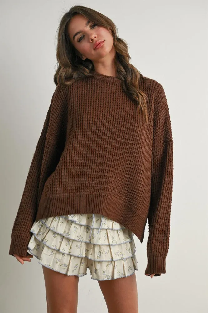 Brown Waffle Knit Side Slit Sweater sold by Pinkblush