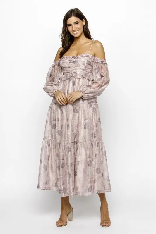 Light Pink Floral Off Shoulder Long Sleeve Tiered Maxi Dress sold by Pinkblush