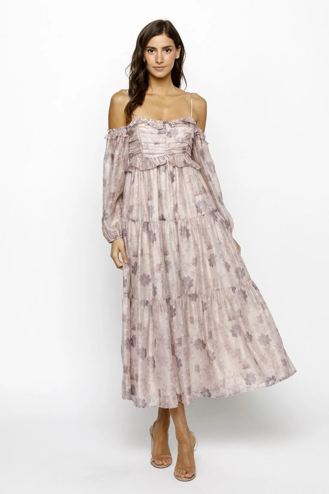 Light Pink Floral Off Shoulder Long Sleeve Tiered Maxi Dress sold by Pinkblush product image thumbnail 2