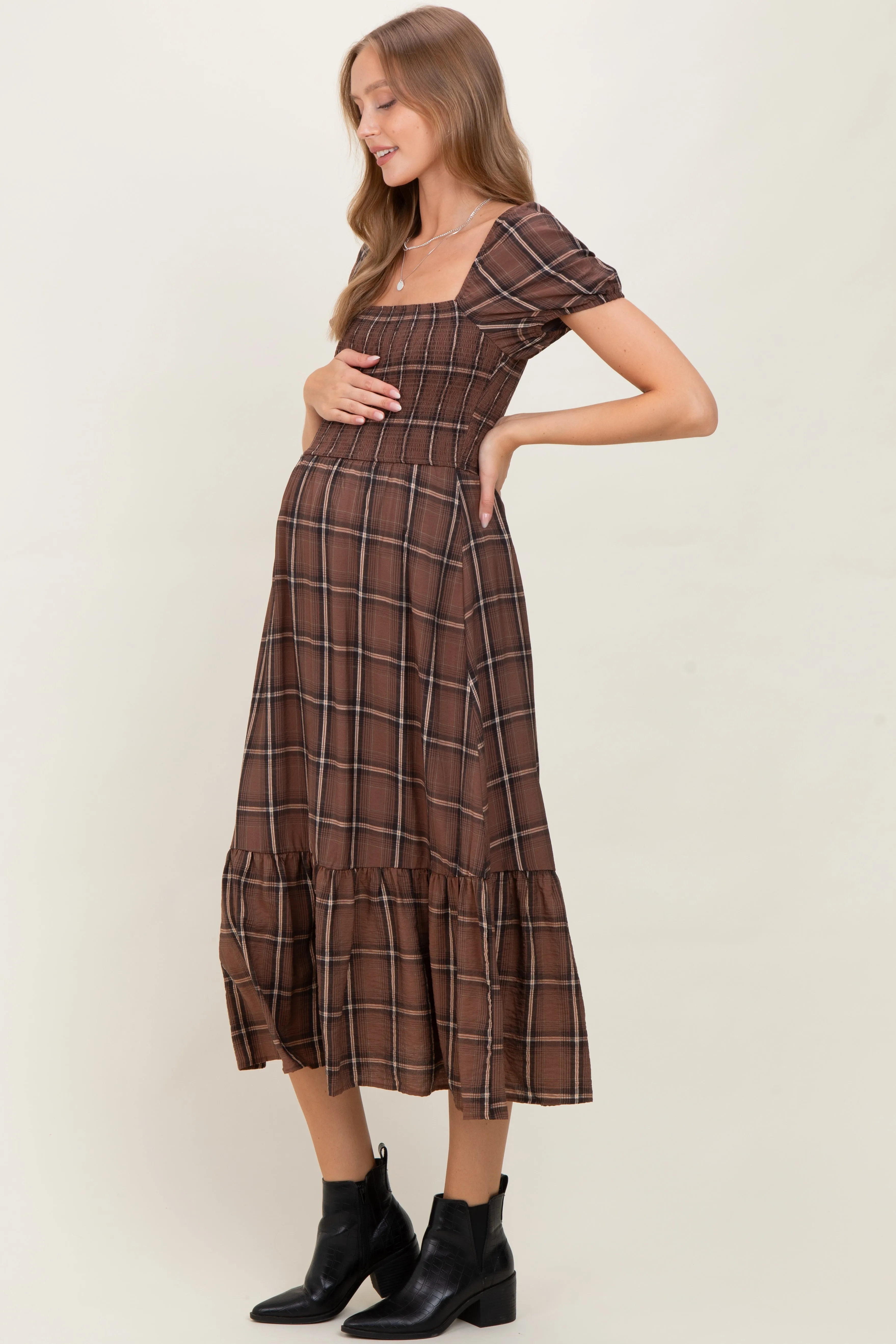 Brown Plaid Smocked Puff Sleeve Maternity Midi Dress sold by Pinkblush product image thumbnail 2