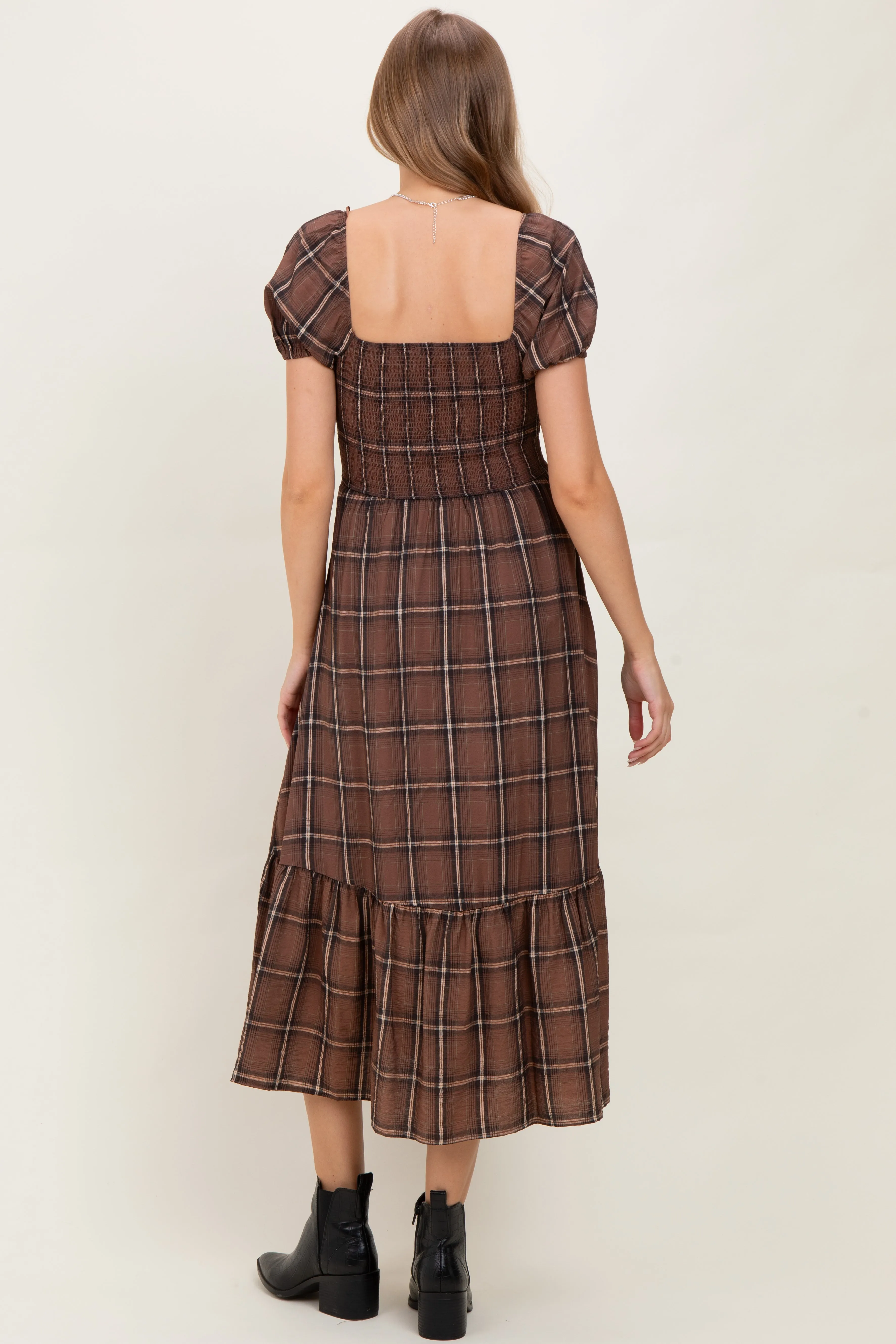 Brown Plaid Smocked Puff Sleeve Maternity Midi Dress sold by Pinkblush product image thumbnail 3