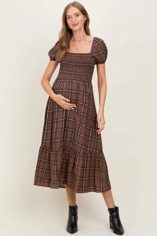 Brown Plaid Smocked Puff Sleeve Maternity Midi Dress sold by Pinkblush
