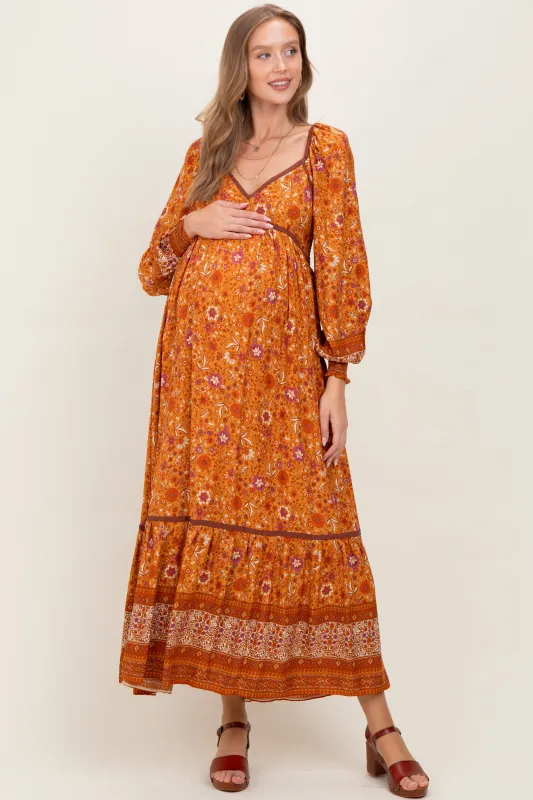 Orange Floral Border Print Long Sleeve Maternity Maxi Dress sold by Pinkblush