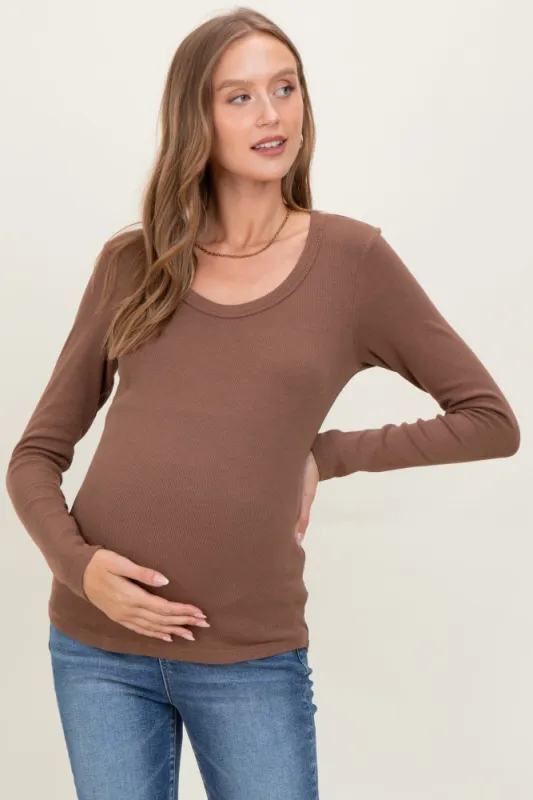 Mocha Fine Rib Scoop Neck Maternity Long Sleeve Top sold by Pinkblush