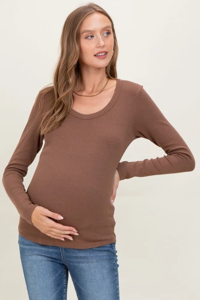 Mocha Fine Rib Scoop Neck Maternity Long Sleeve Top sold by Pinkblush