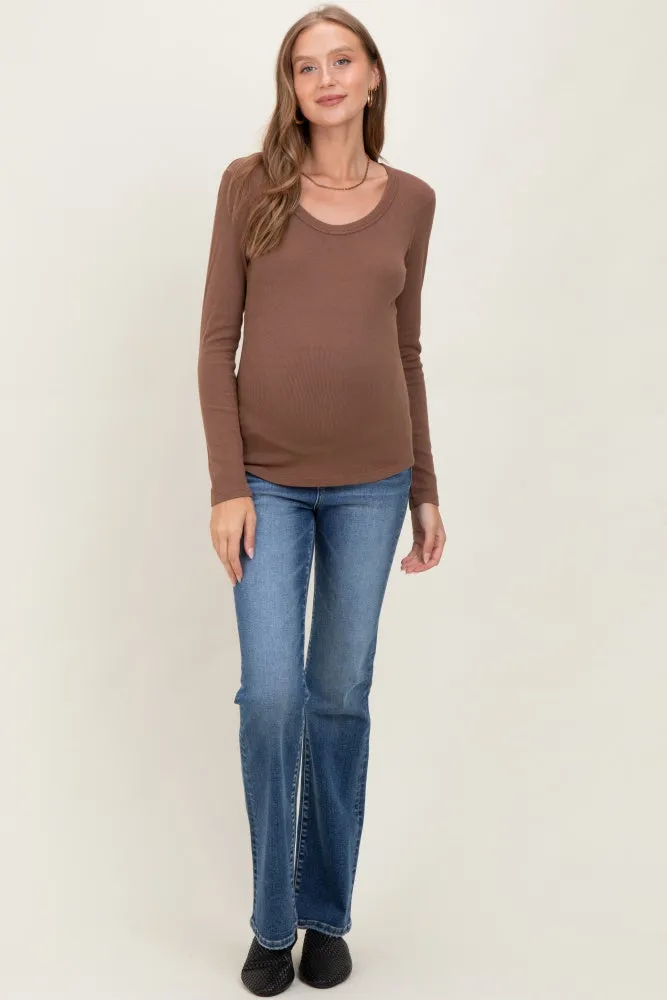 Mocha Fine Rib Scoop Neck Maternity Long Sleeve Top sold by Pinkblush product image thumbnail 2