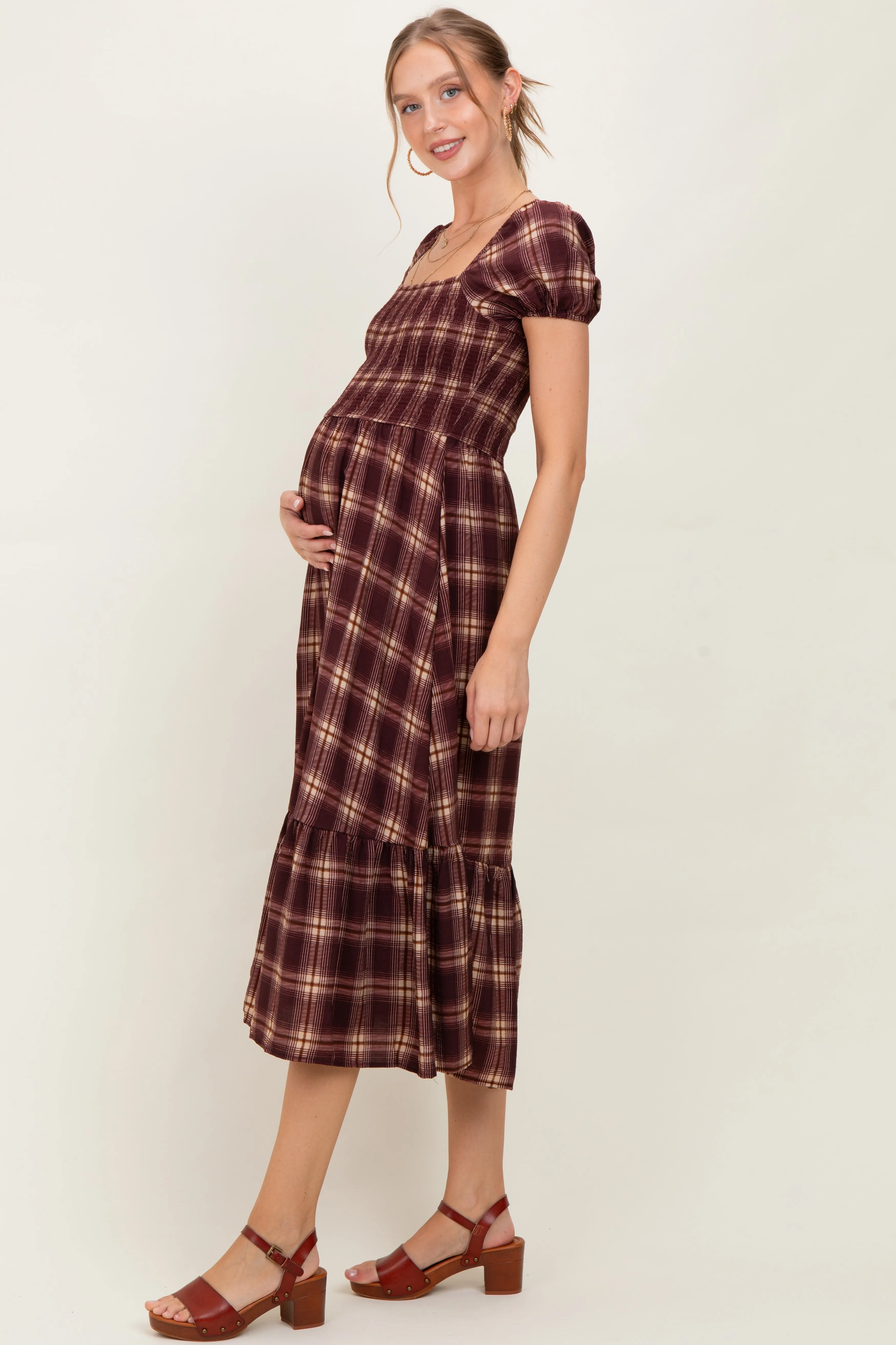 Burgundy Plaid Smocked Puff Sleeve Maternity Midi Dress sold by Pinkblush product image thumbnail 3