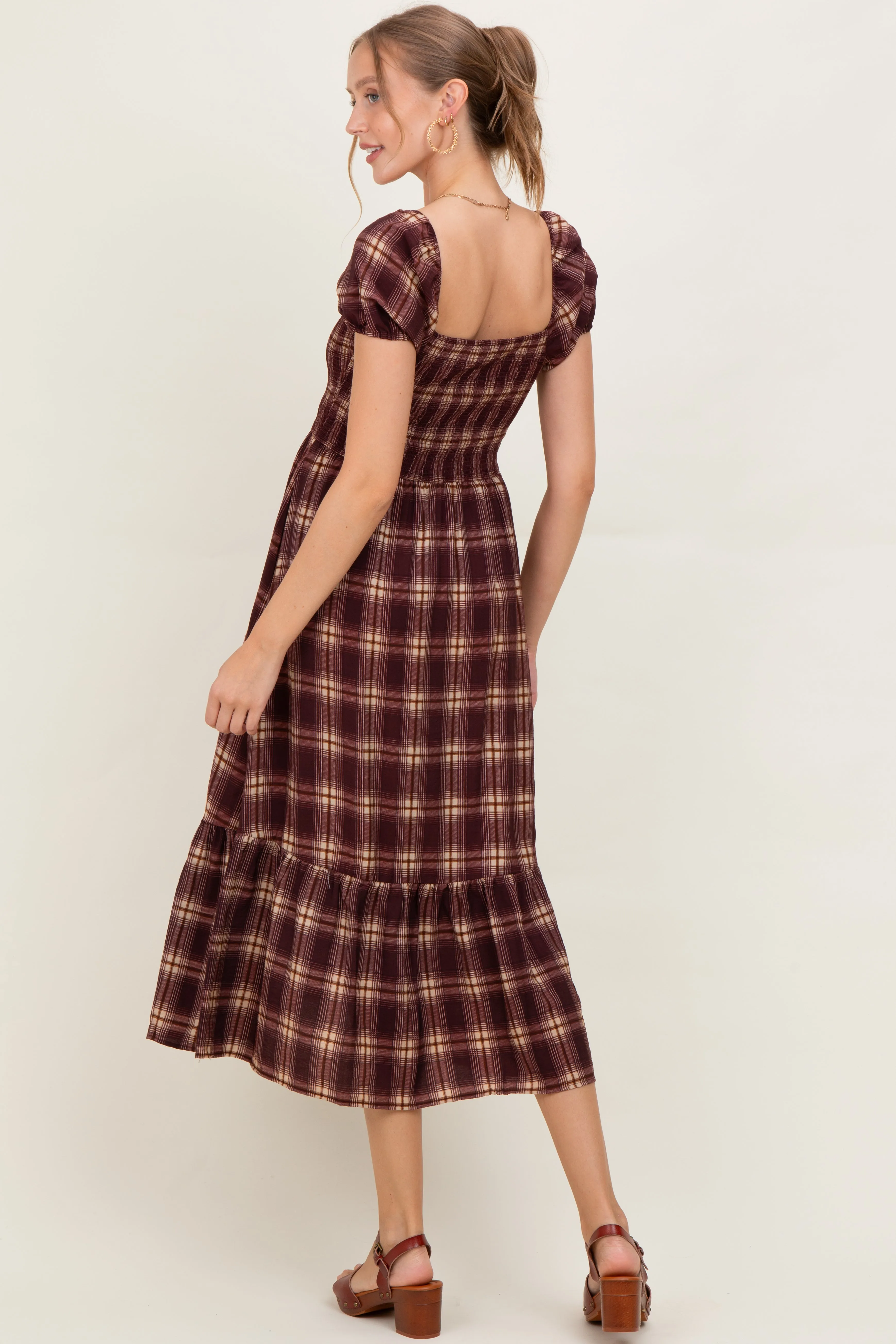 Burgundy Plaid Smocked Puff Sleeve Maternity Midi Dress sold by Pinkblush product image thumbnail 4