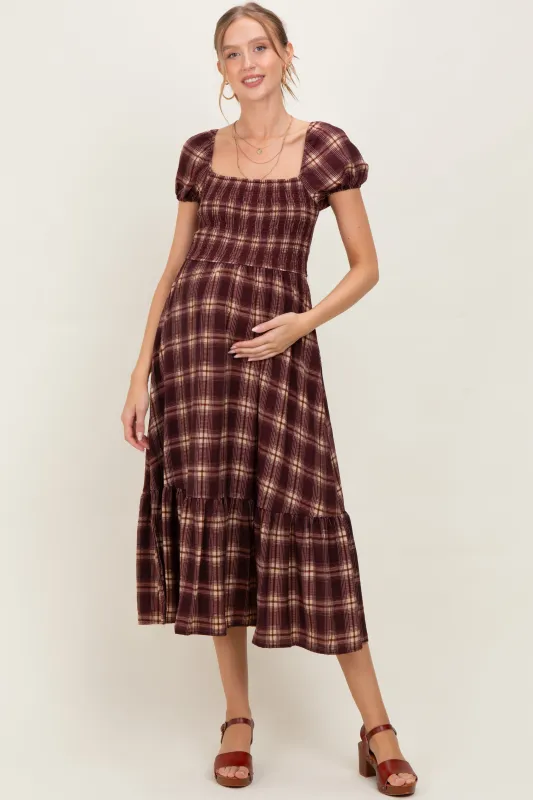 Burgundy Plaid Smocked Puff Sleeve Maternity Midi Dress sold by Pinkblush