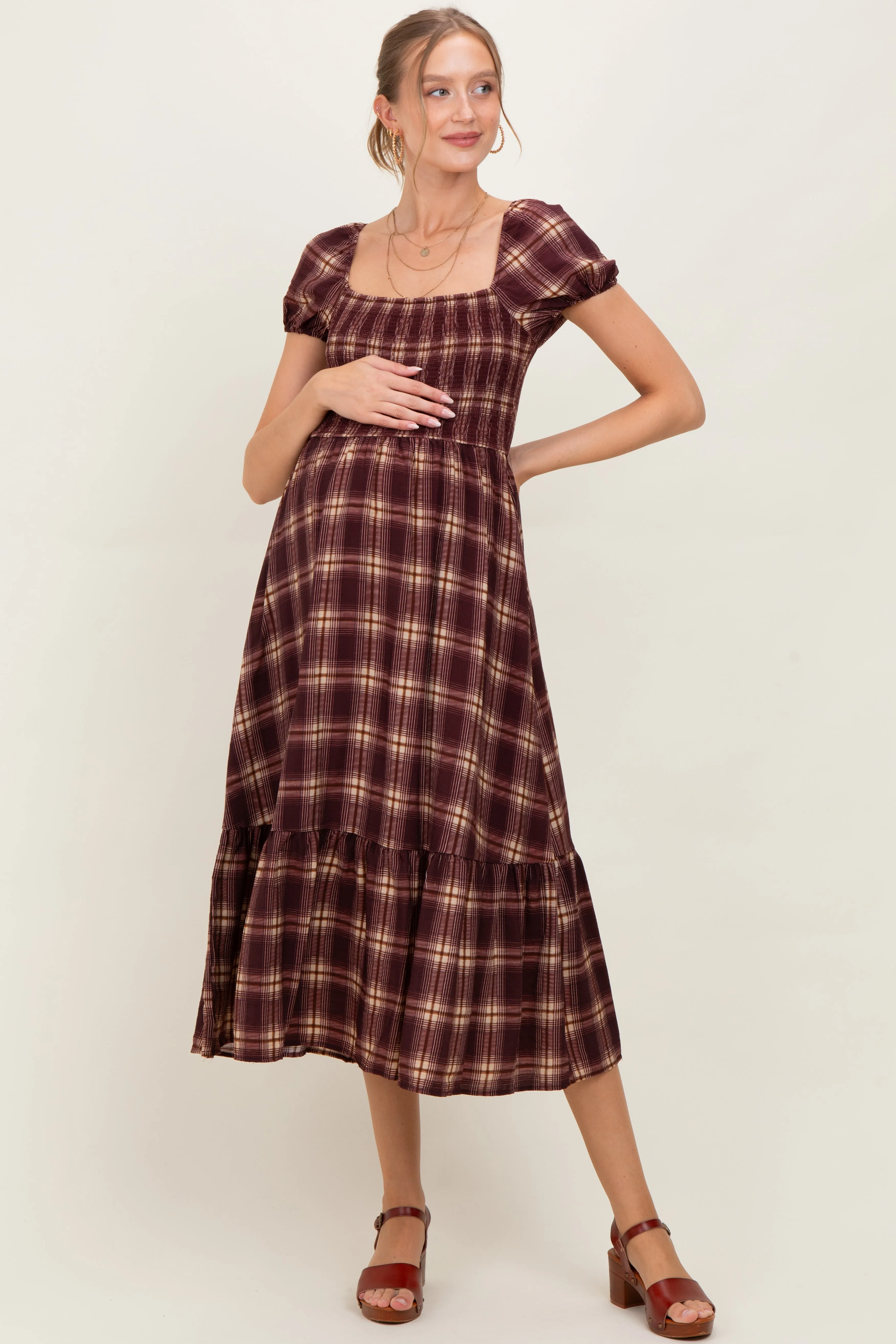 Burgundy Plaid Smocked Puff Sleeve Maternity Midi Dress sold by Pinkblush product image thumbnail 2