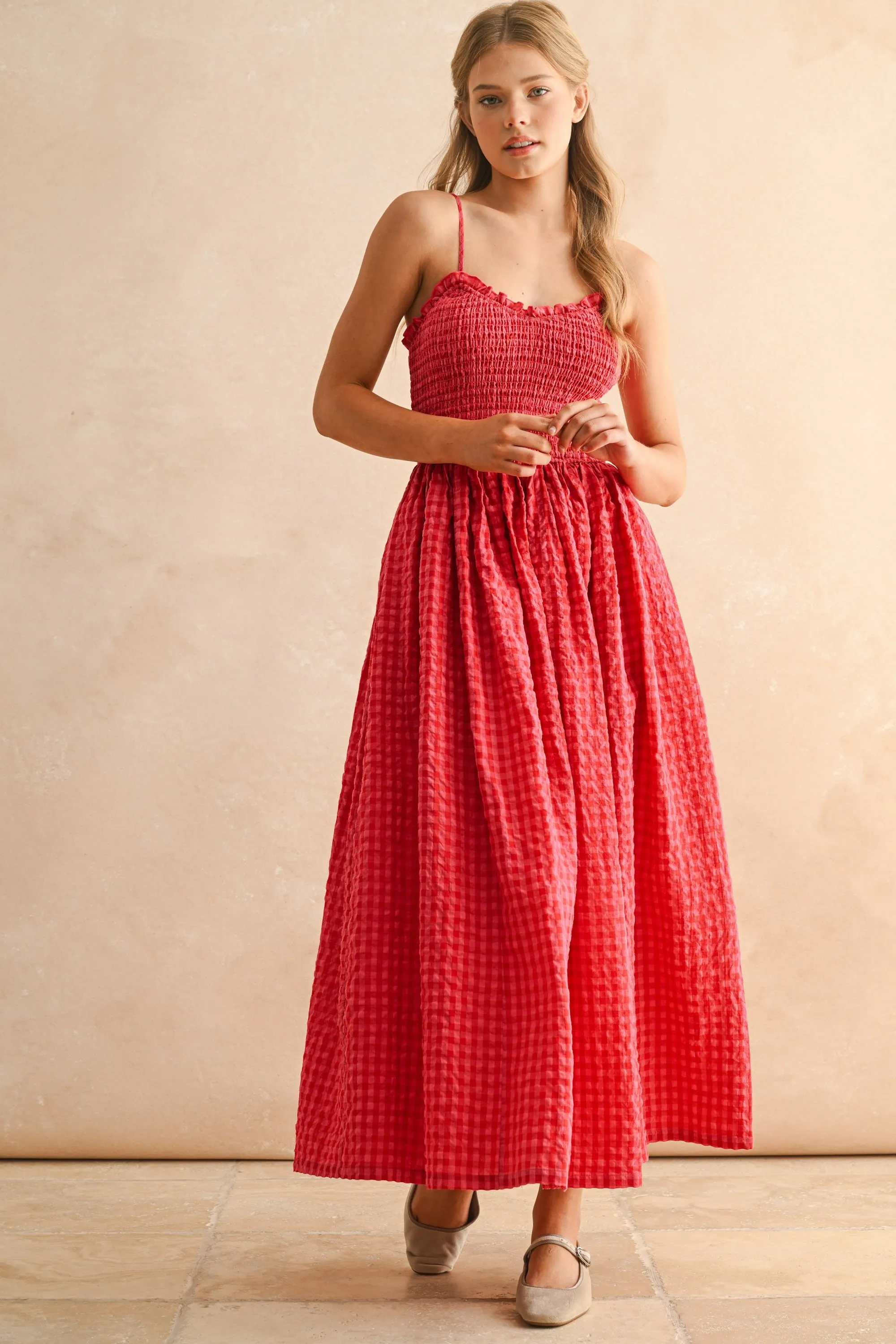 Red Gingham Smocked Ruffle Accent Maternity Maxi Dress sold by Pinkblush product image thumbnail 3