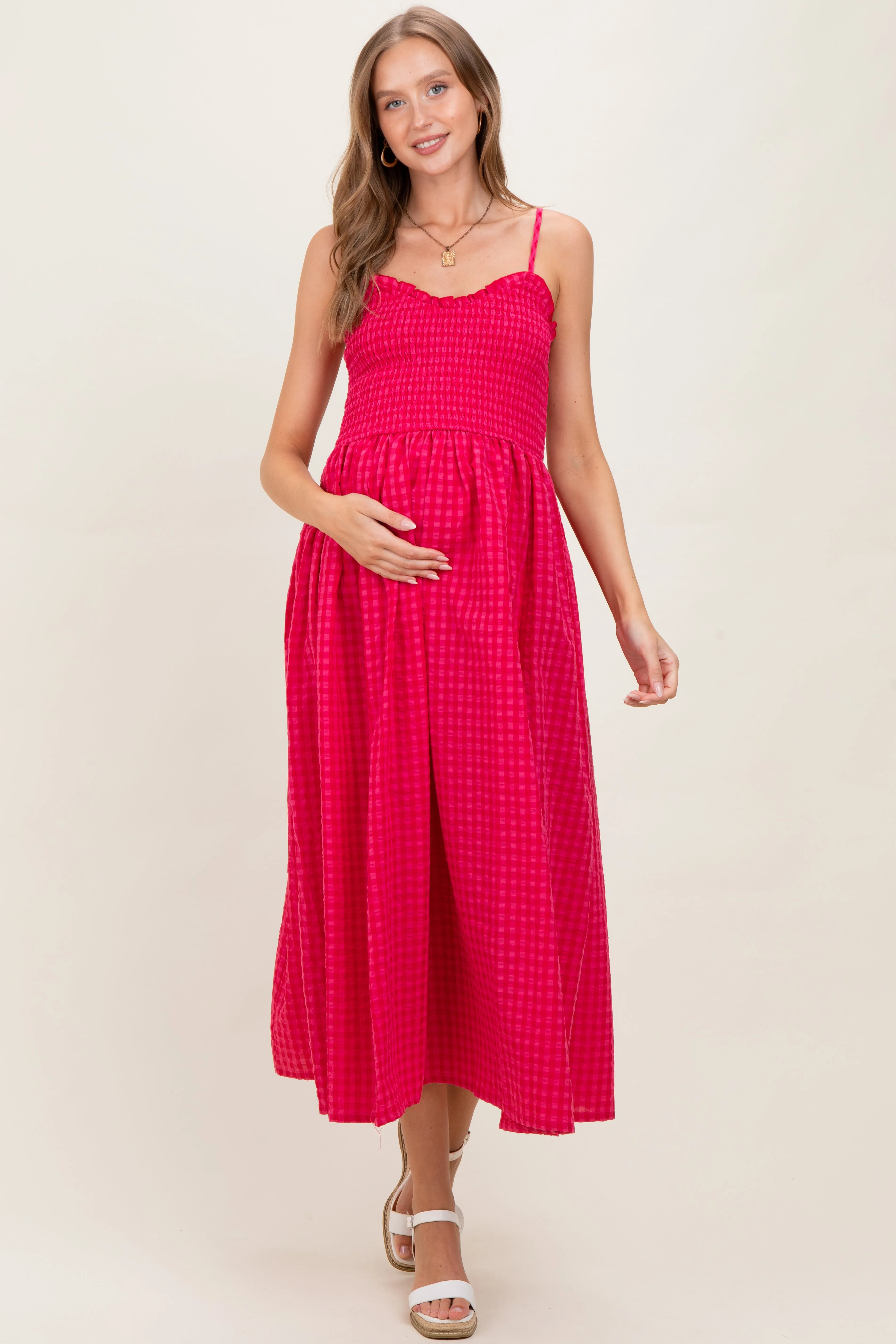 Red Gingham Smocked Ruffle Accent Maternity Maxi Dress sold by Pinkblush