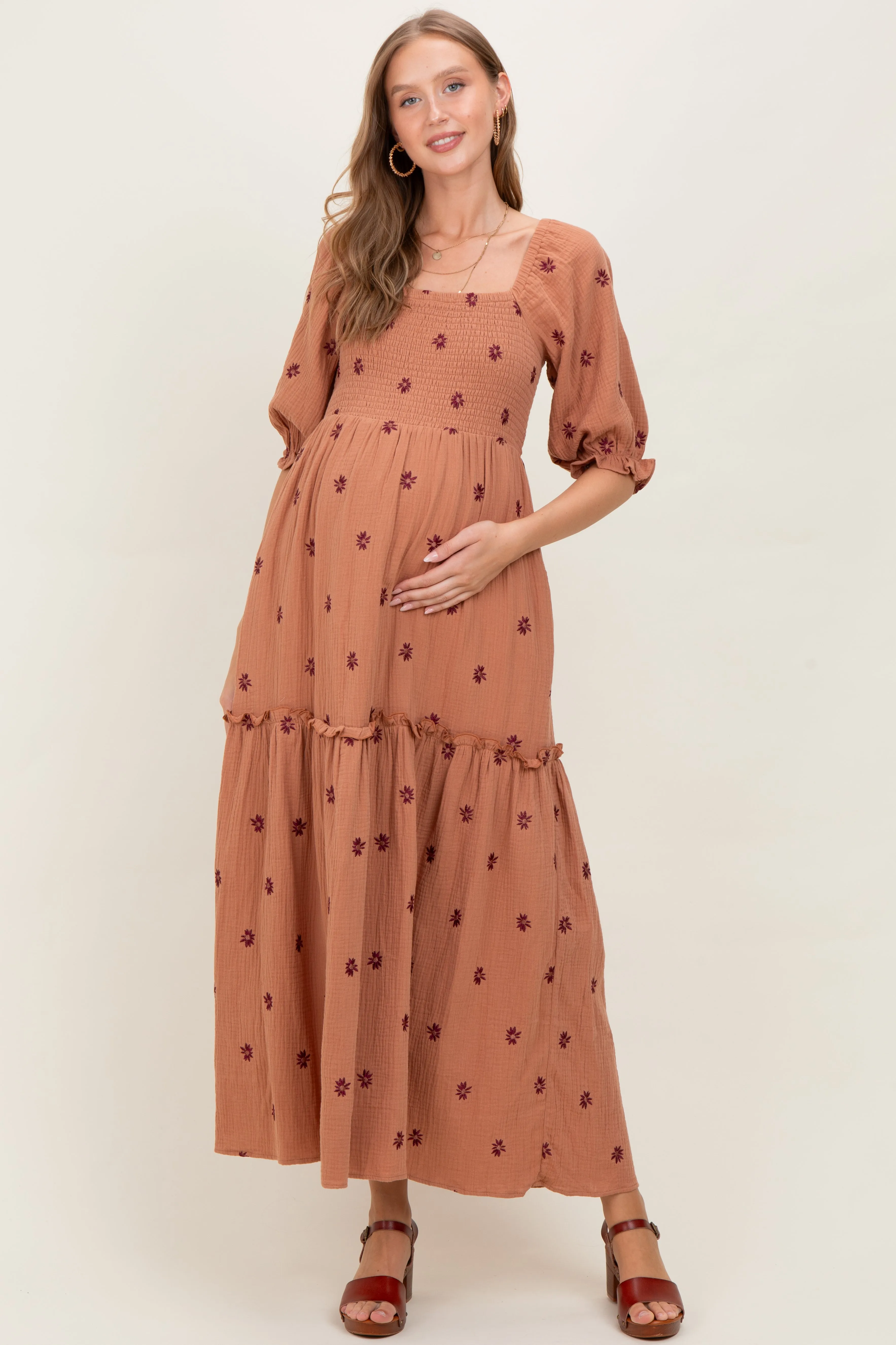 Rust Floral Smocked Puff Sleeve Maternity Maxi Dress sold by Pinkblush