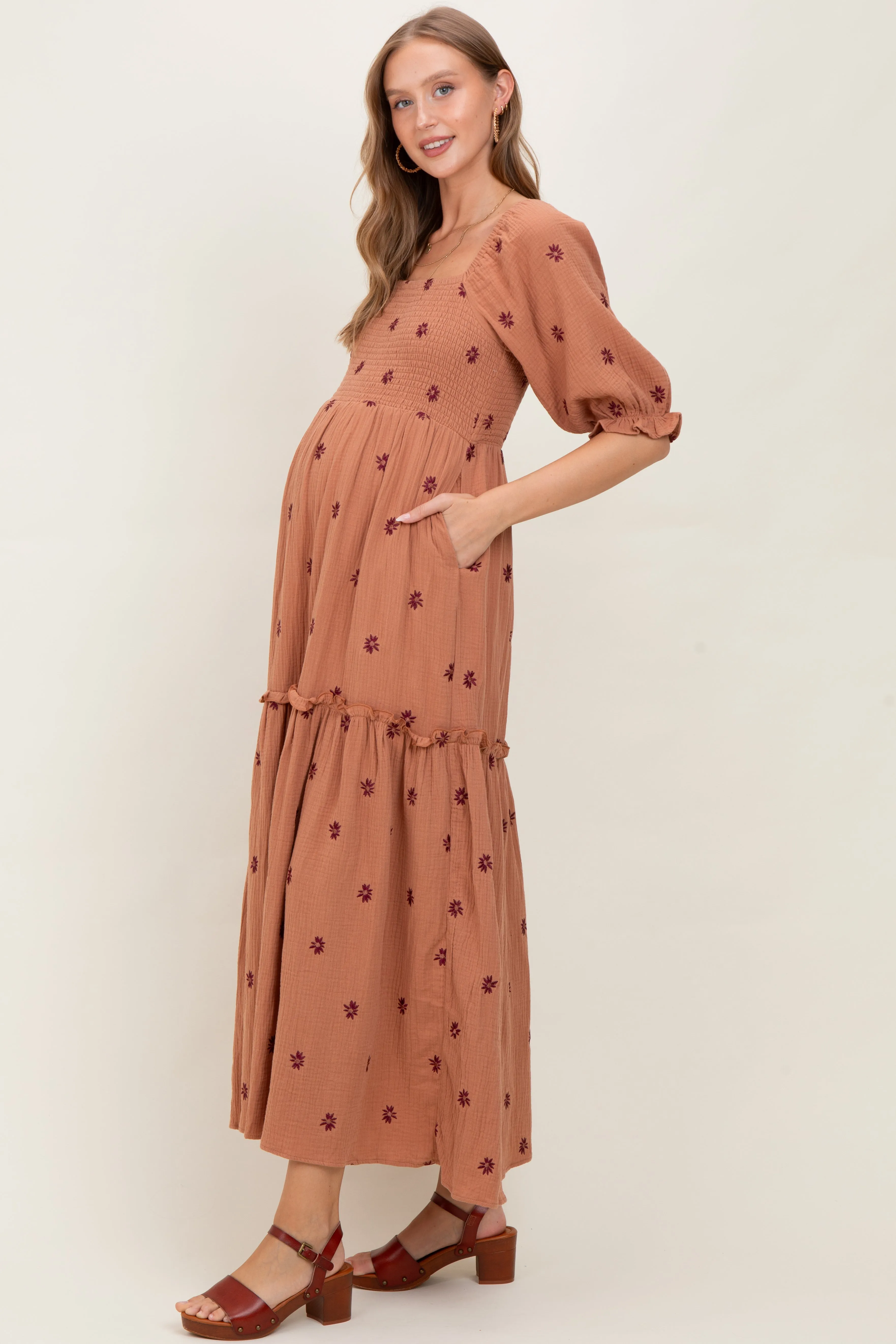 Rust Floral Smocked Puff Sleeve Maternity Maxi Dress sold by Pinkblush product image thumbnail 2
