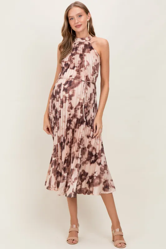 Brown Floral Pleated Halter Maternity Midi Dress sold by Pinkblush