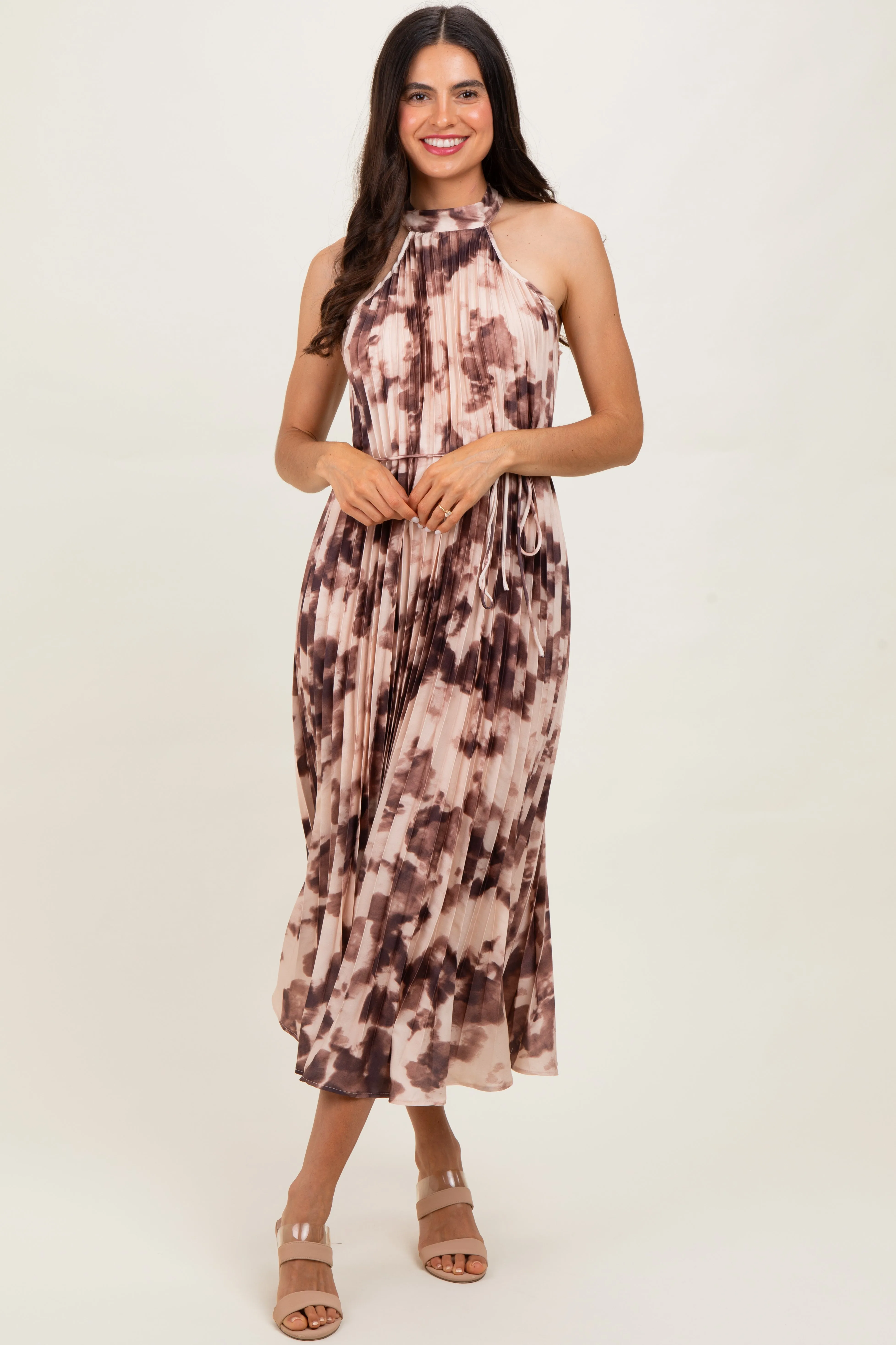 Brown Floral Pleated Halter Maternity Midi Dress sold by Pinkblush product image thumbnail 5