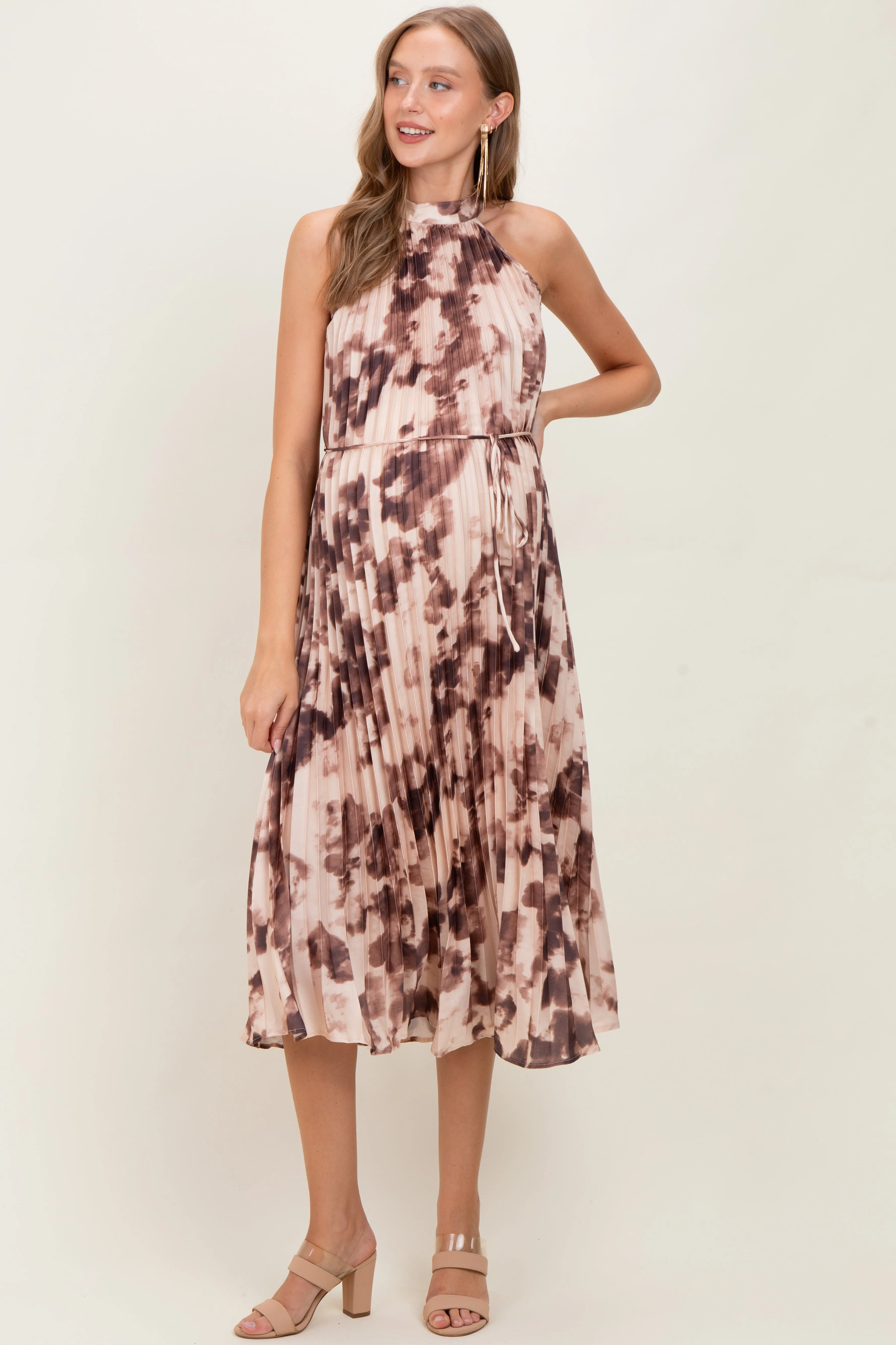 Brown Floral Pleated Halter Maternity Midi Dress sold by Pinkblush product image thumbnail 2