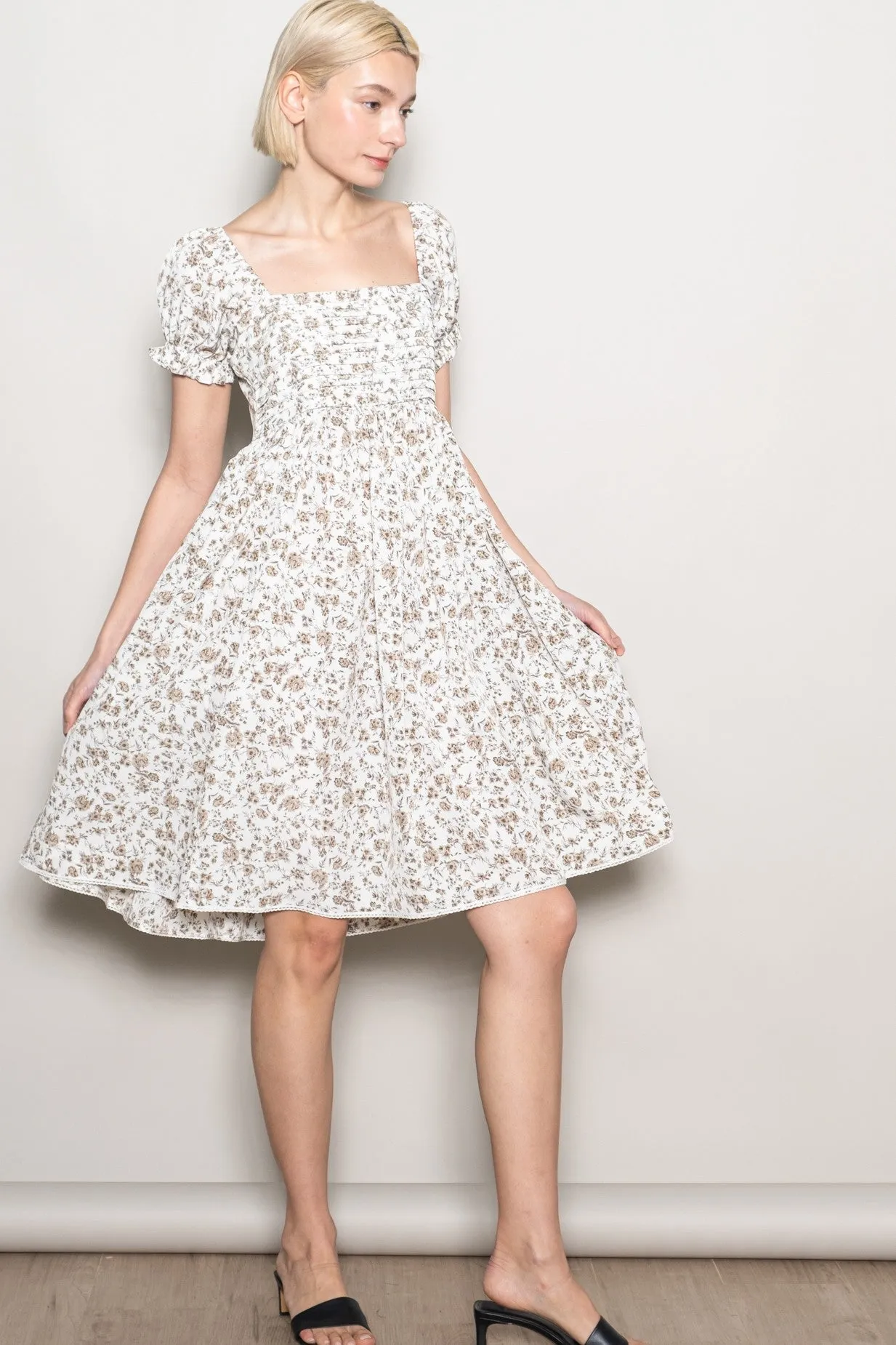 Ivory Floral Pleated Bodice Puff Sleeve Dress sold by Pinkblush product image thumbnail 5
