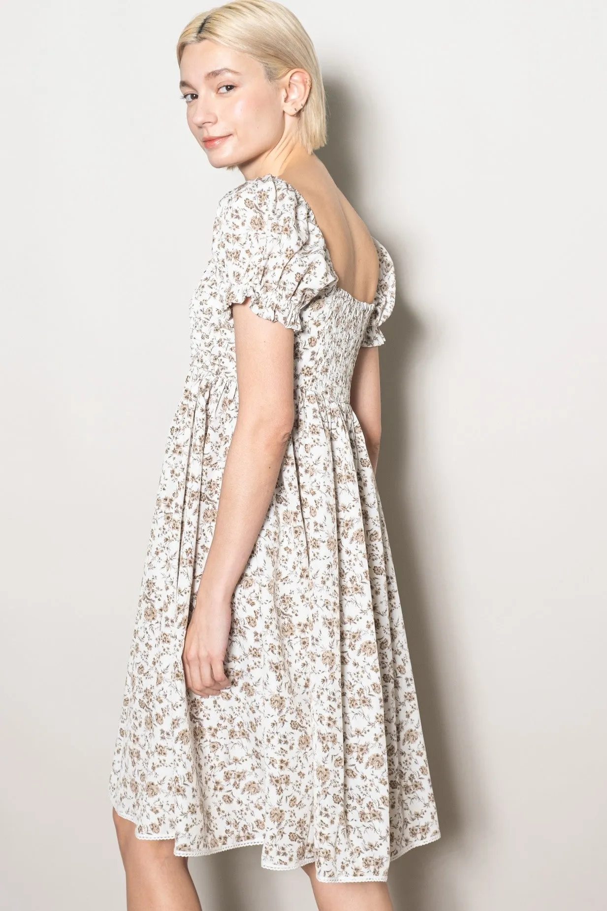 Ivory Floral Pleated Bodice Puff Sleeve Dress sold by Pinkblush product image thumbnail 3