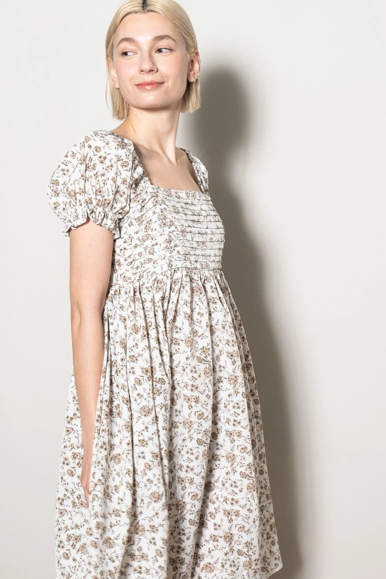 Ivory Floral Pleated Bodice Puff Sleeve Dress sold by Pinkblush product image thumbnail 4