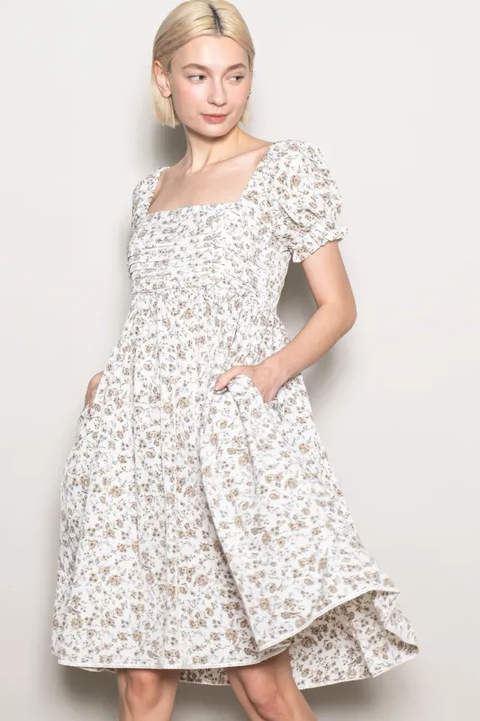 Ivory Floral Pleated Bodice Puff Sleeve Dress sold by Pinkblush