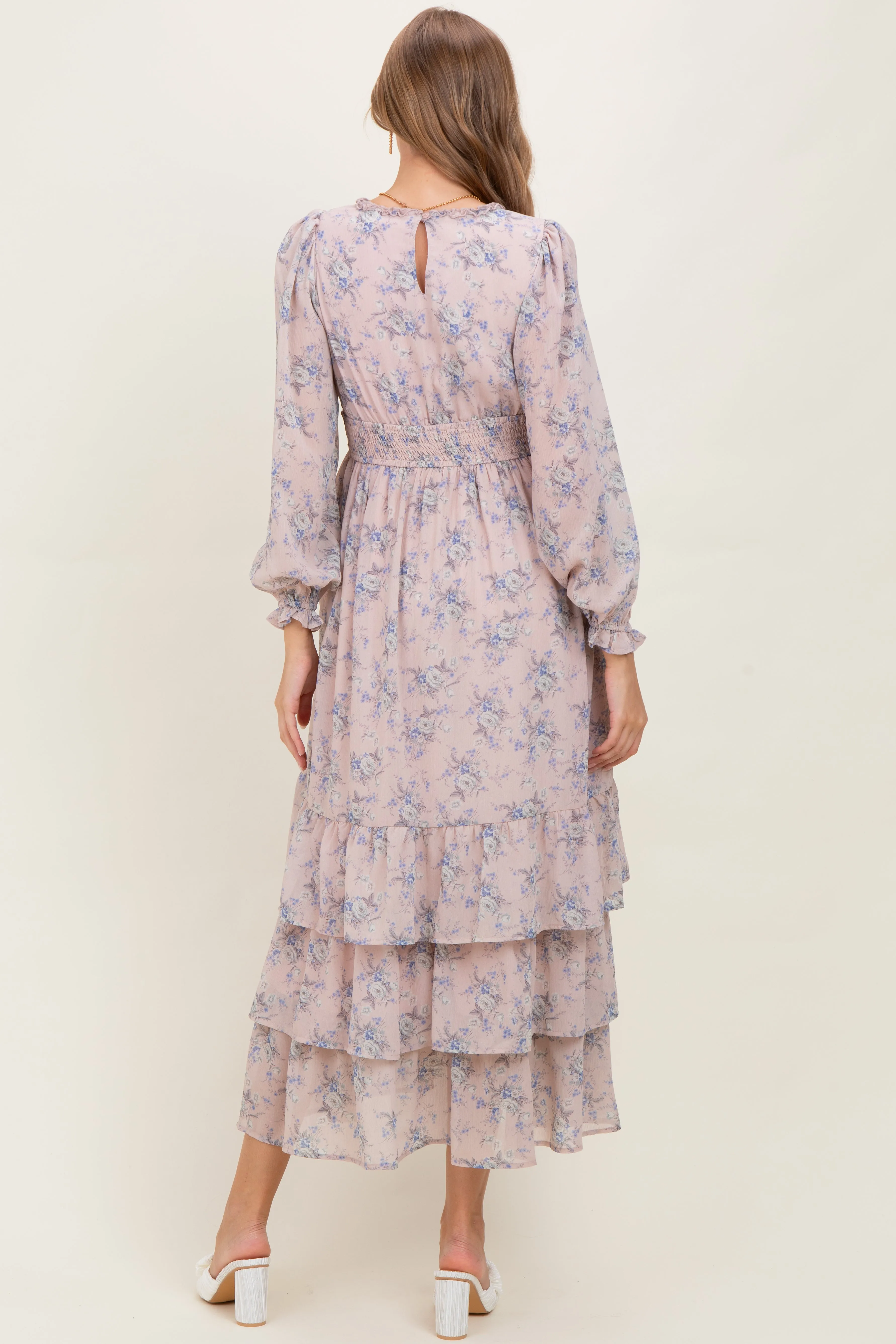 Light Pink Vintage Floral Ruffle Tiered Hem Maternity Maxi Dress sold by Pinkblush product image thumbnail 4