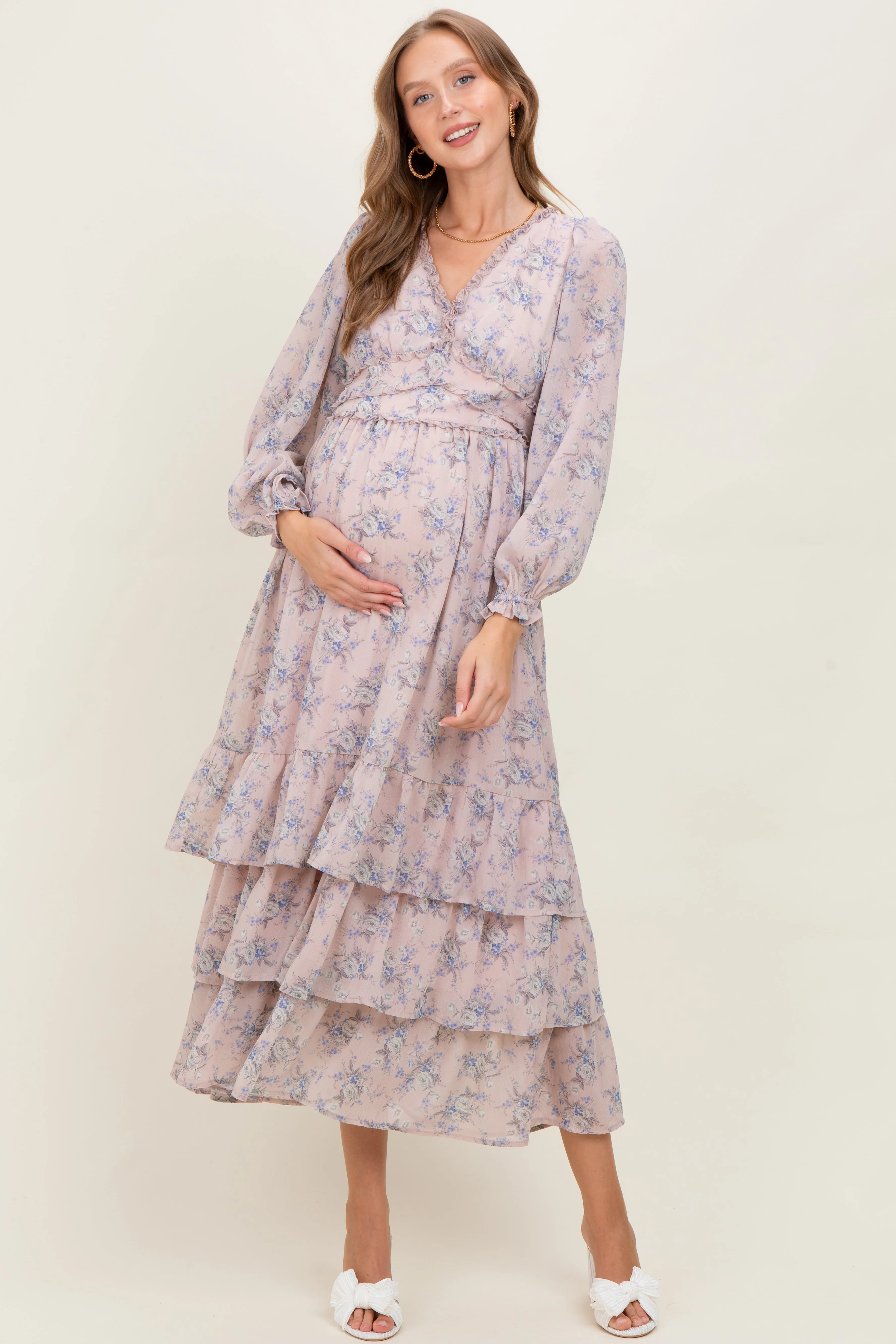 Light Pink Vintage Floral Ruffle Tiered Hem Maternity Maxi Dress sold by Pinkblush