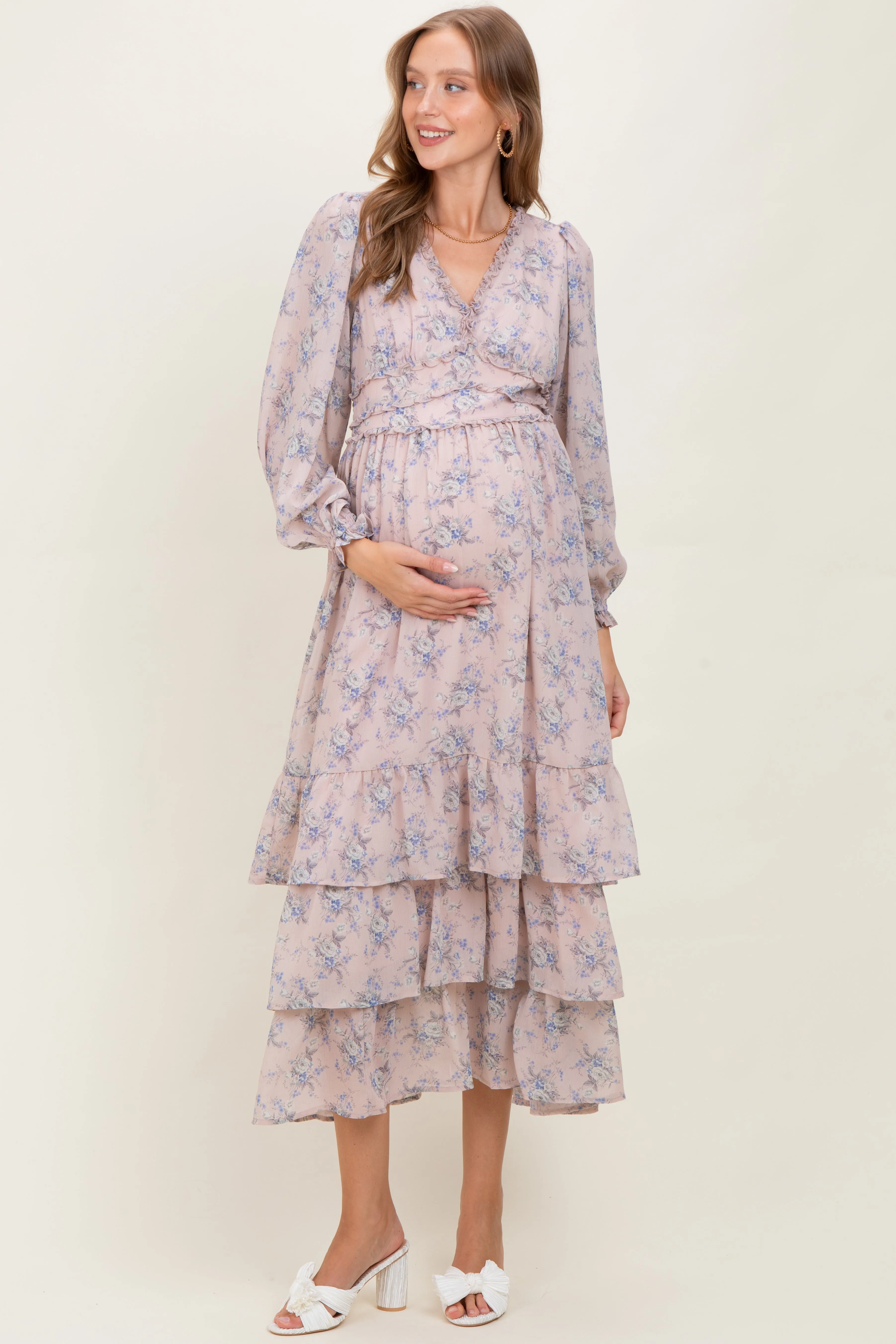 Light Pink Vintage Floral Ruffle Tiered Hem Maternity Maxi Dress sold by Pinkblush product image thumbnail 2