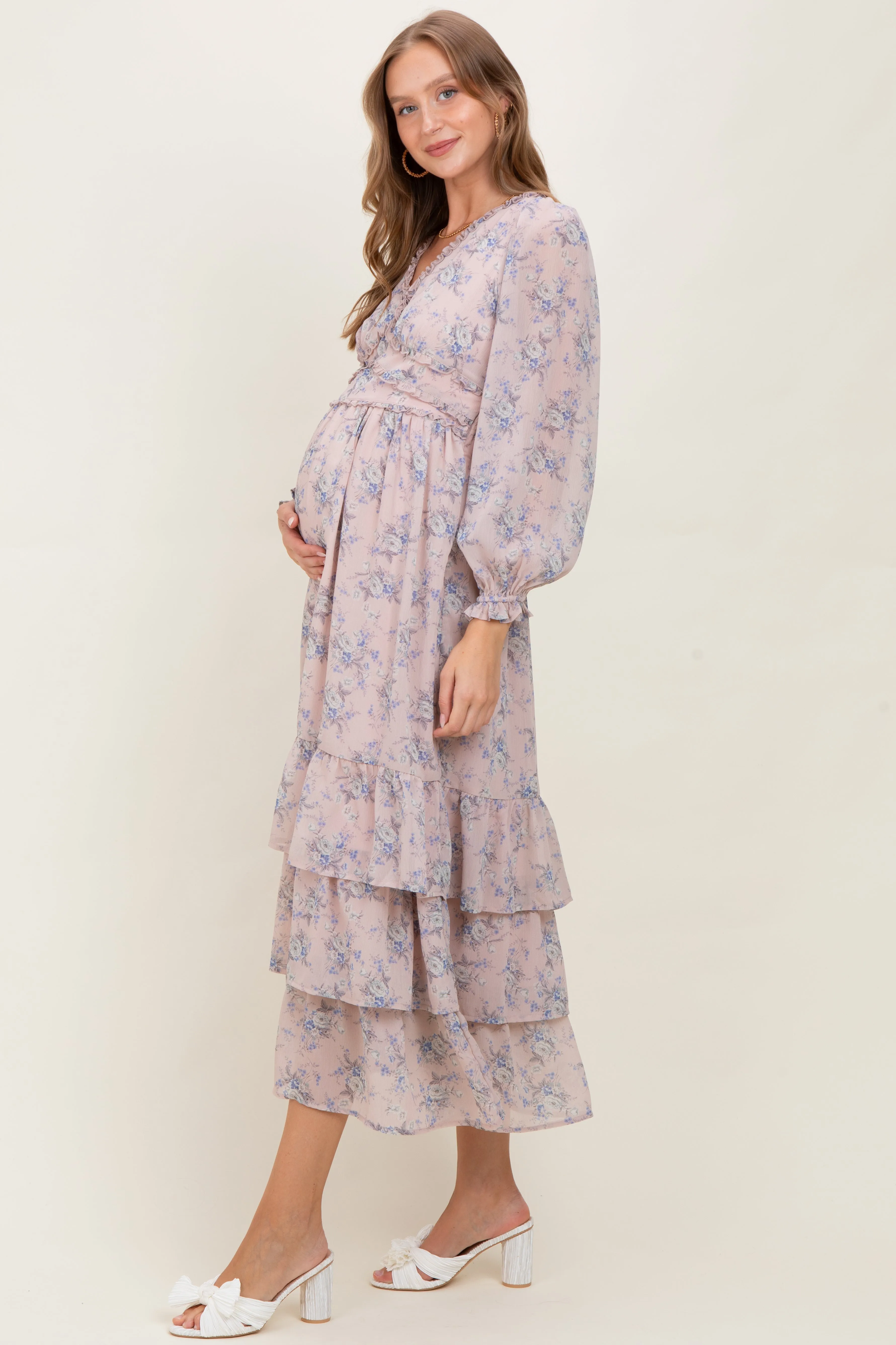 Light Pink Vintage Floral Ruffle Tiered Hem Maternity Maxi Dress sold by Pinkblush product image thumbnail 3