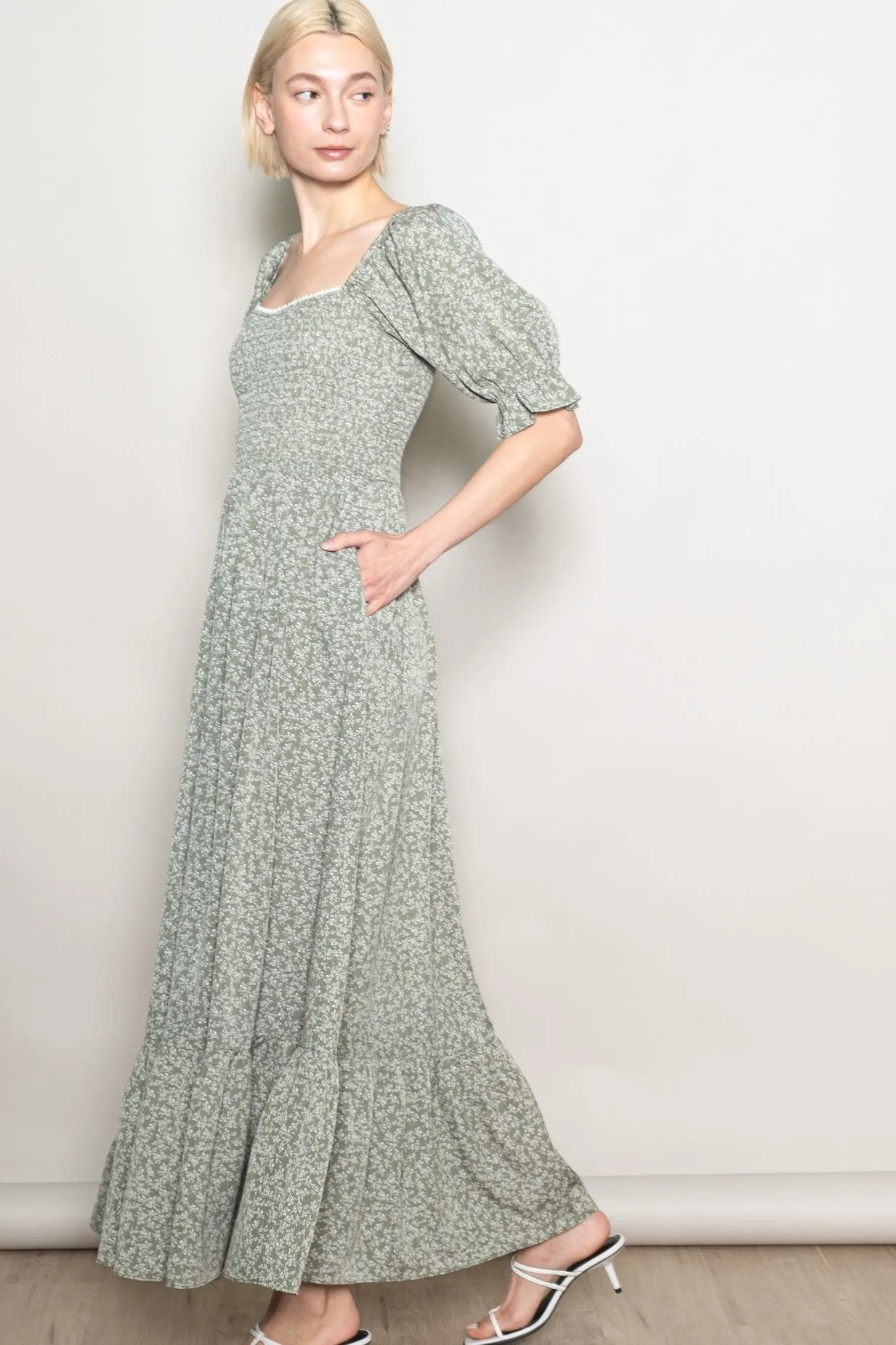 Light Olive Floral Lace Trim Smocked Maxi Dress sold by Pinkblush product image thumbnail 2