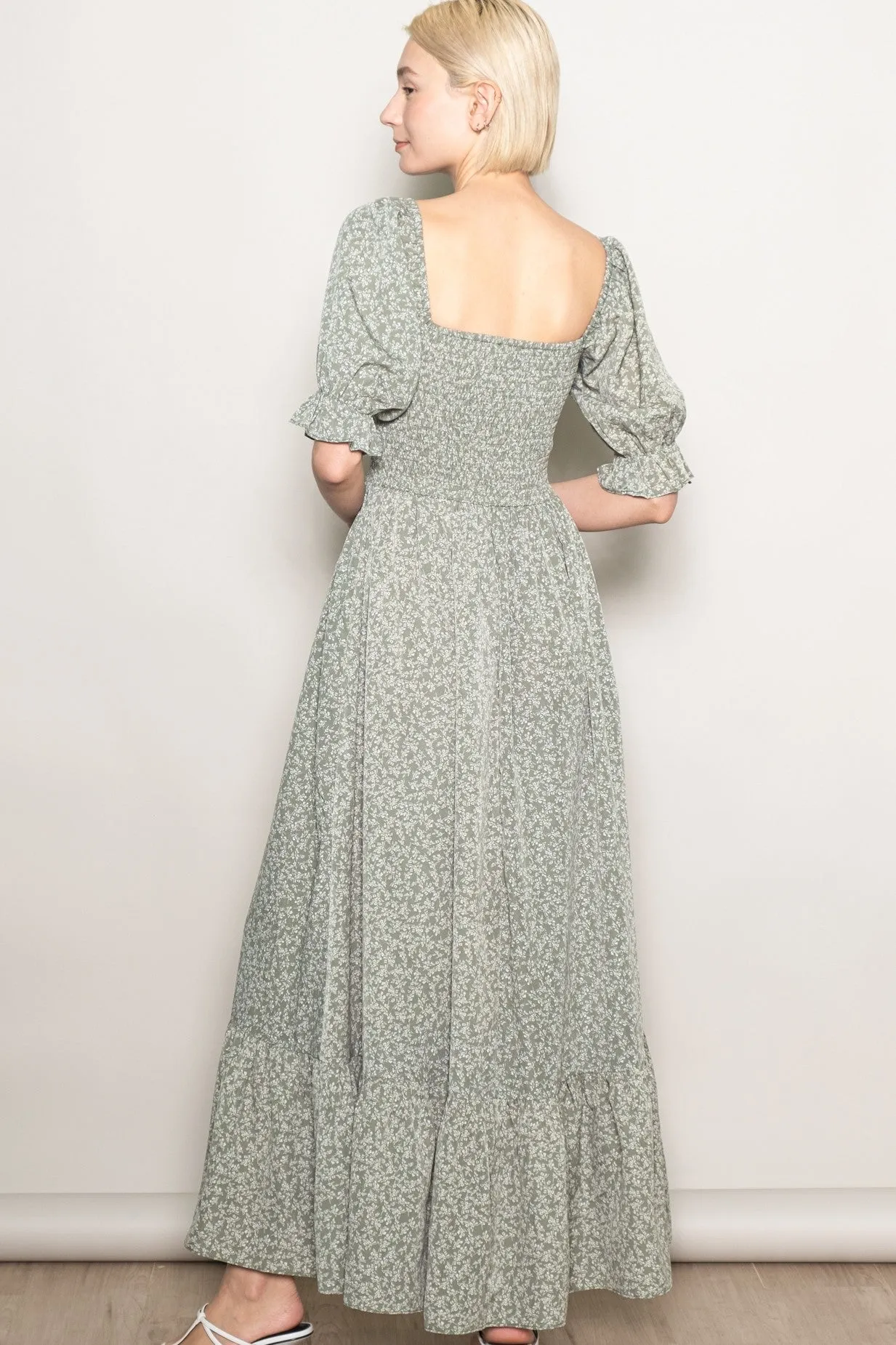 Light Olive Floral Lace Trim Smocked Maxi Dress sold by Pinkblush product image thumbnail 3