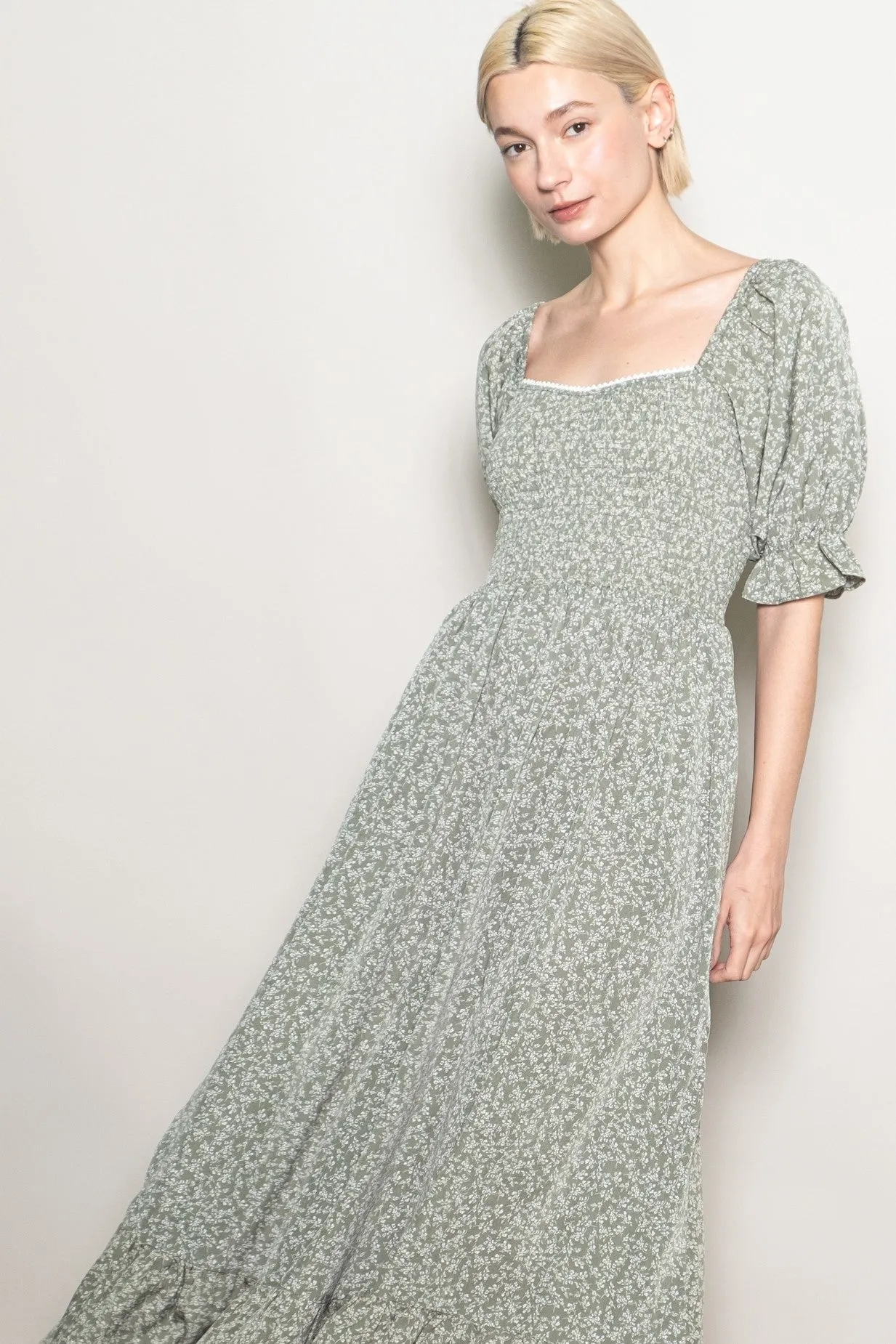 Light Olive Floral Lace Trim Smocked Maxi Dress sold by Pinkblush product image thumbnail 4