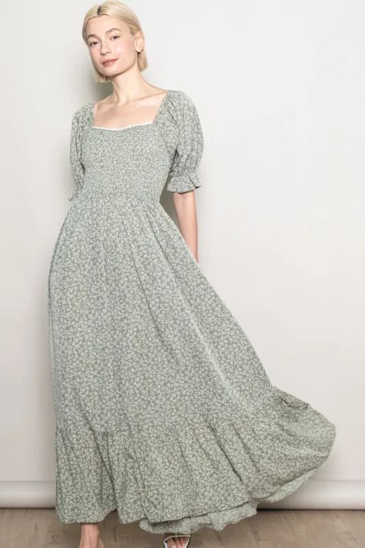 Light Olive Floral Lace Trim Smocked Maxi Dress sold by Pinkblush