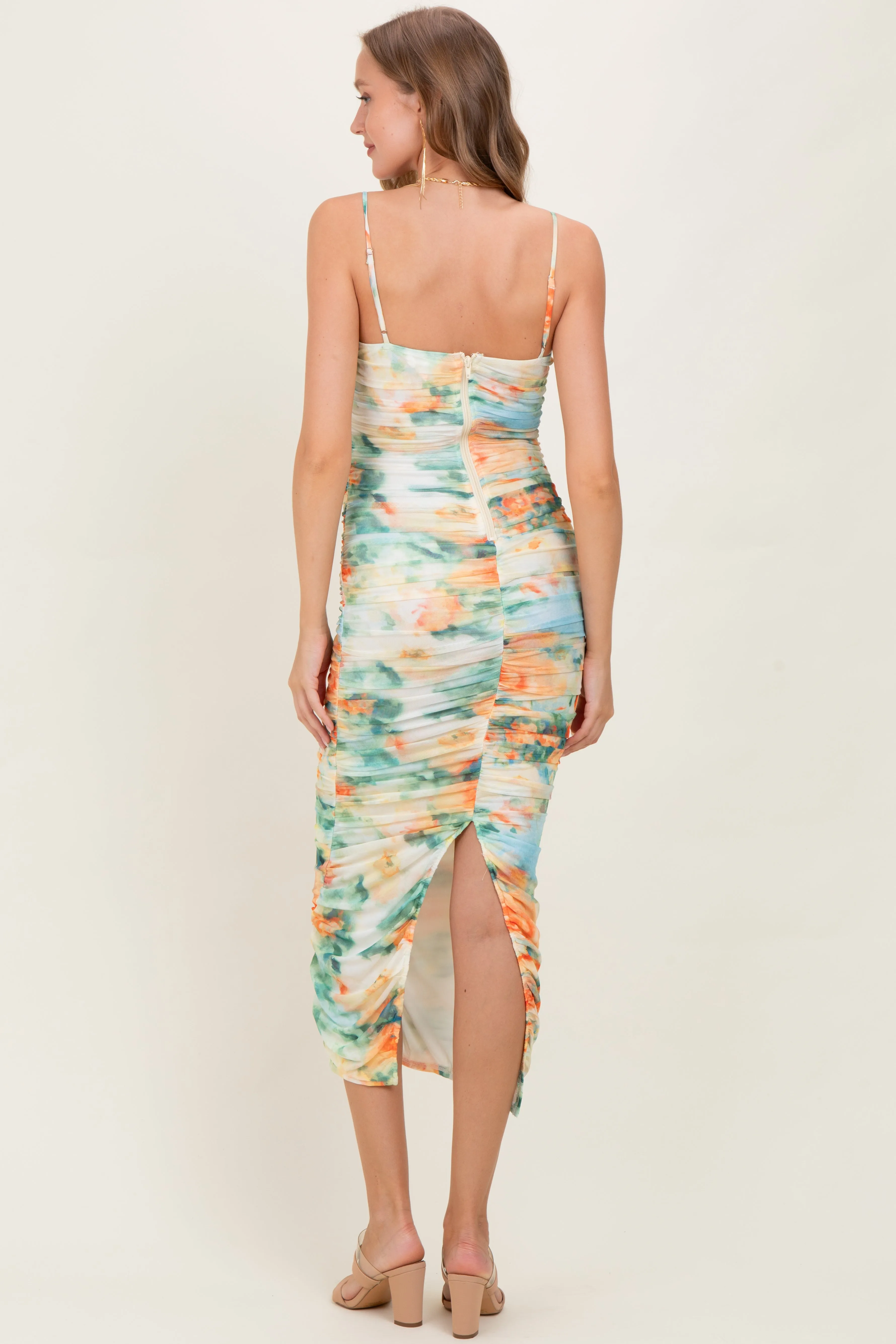 Green Watercolor Floral Mesh Ruched Sleeveless Maternity Dress sold by Pinkblush product image thumbnail 3