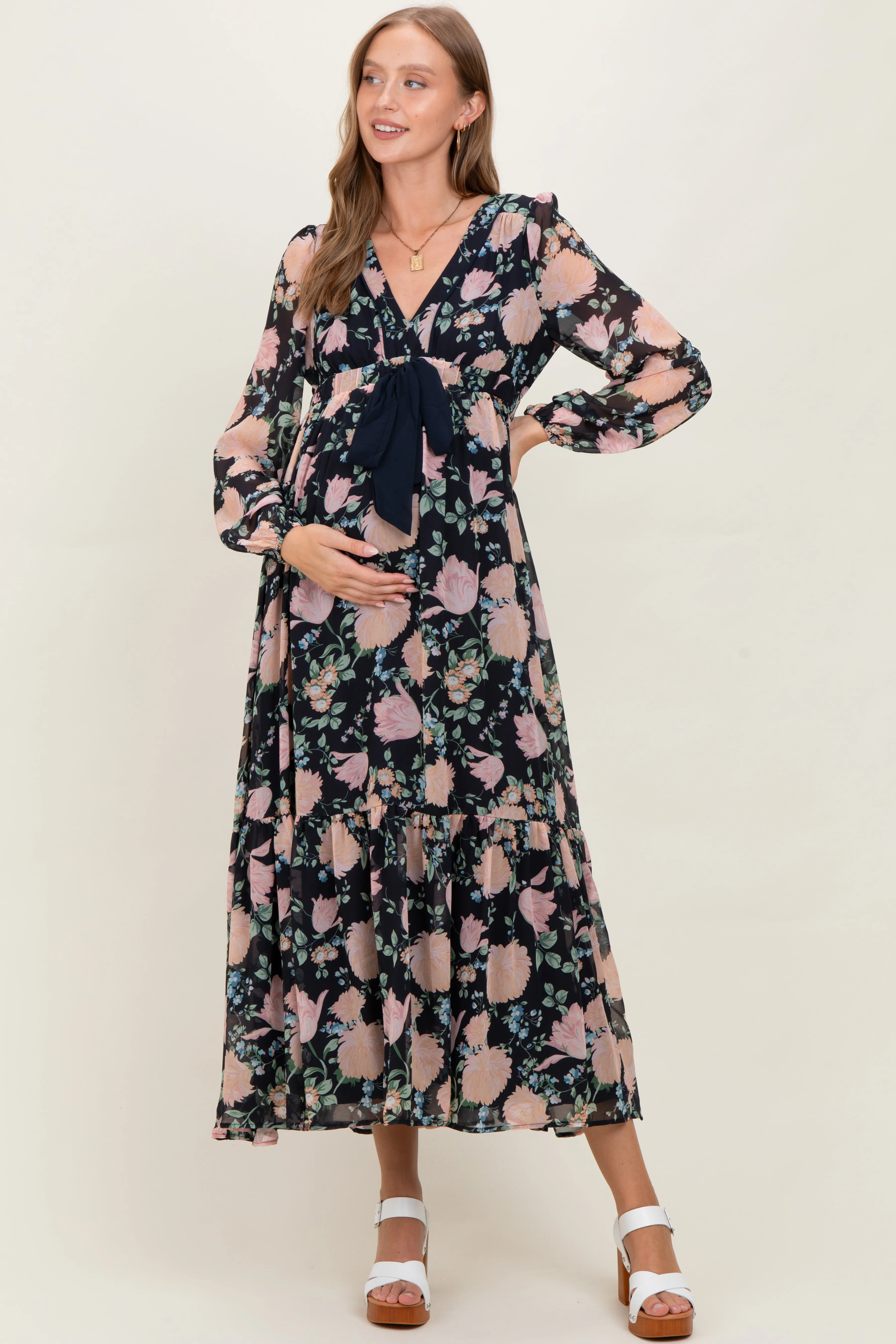 Navy Floral Chiffon Bow Tie Front Maternity Maxi Dress sold by Pinkblush