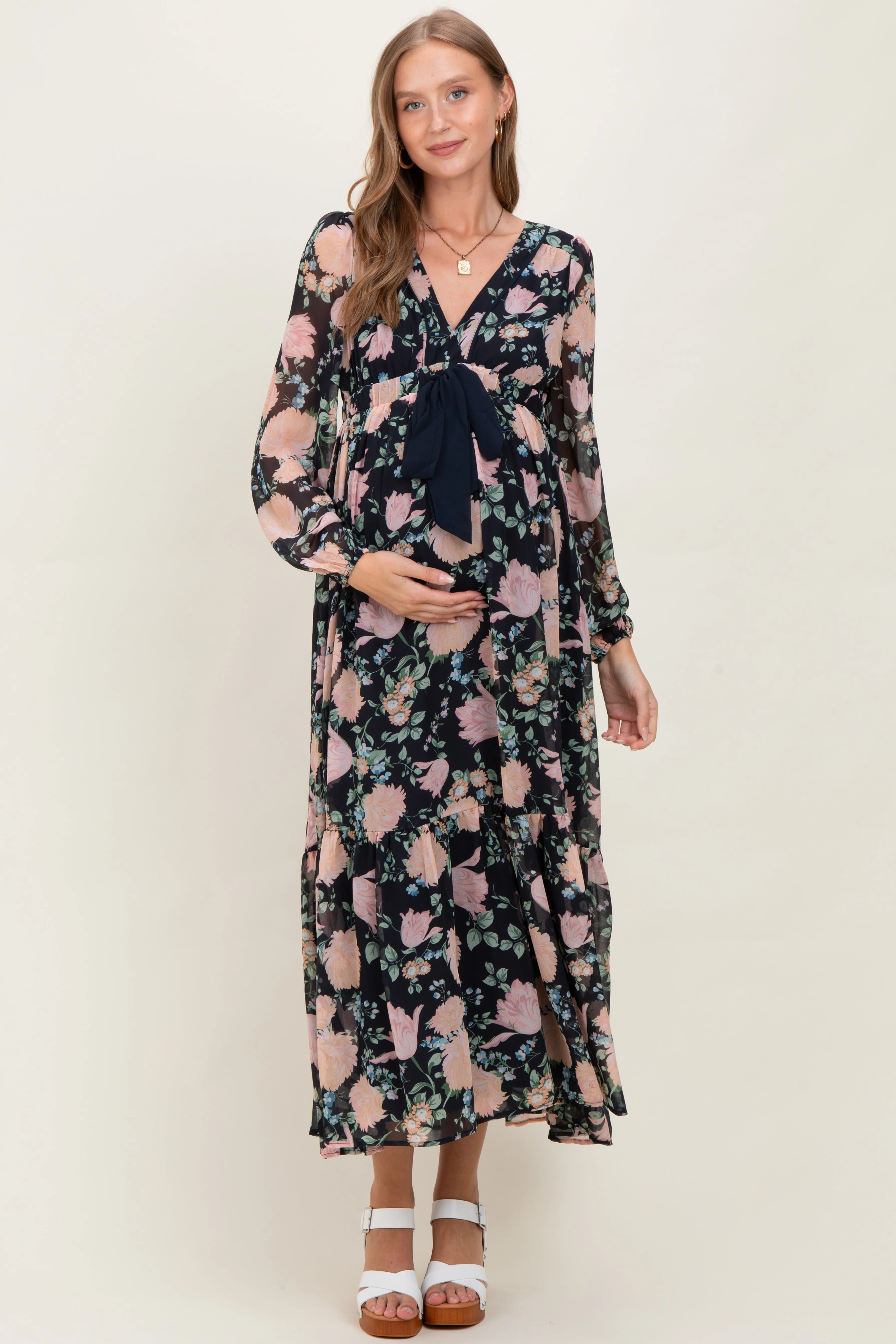 Navy Floral Chiffon Bow Tie Front Maternity Maxi Dress sold by Pinkblush product image thumbnail 2