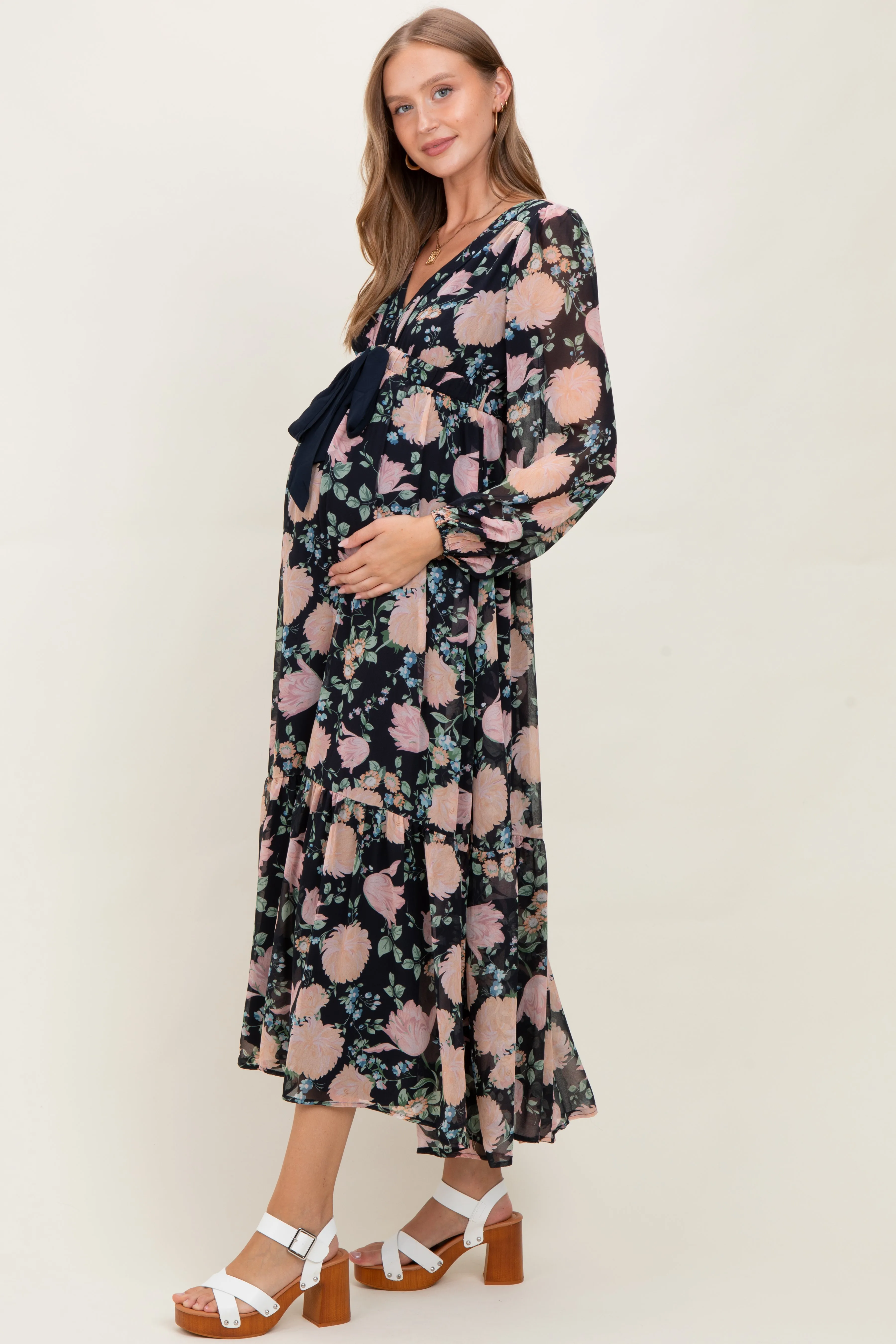 Navy Floral Chiffon Bow Tie Front Maternity Maxi Dress sold by Pinkblush product image thumbnail 3