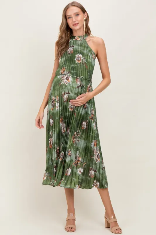 Olive Floral Pleated Halter Maternity Midi Dress sold by Pinkblush